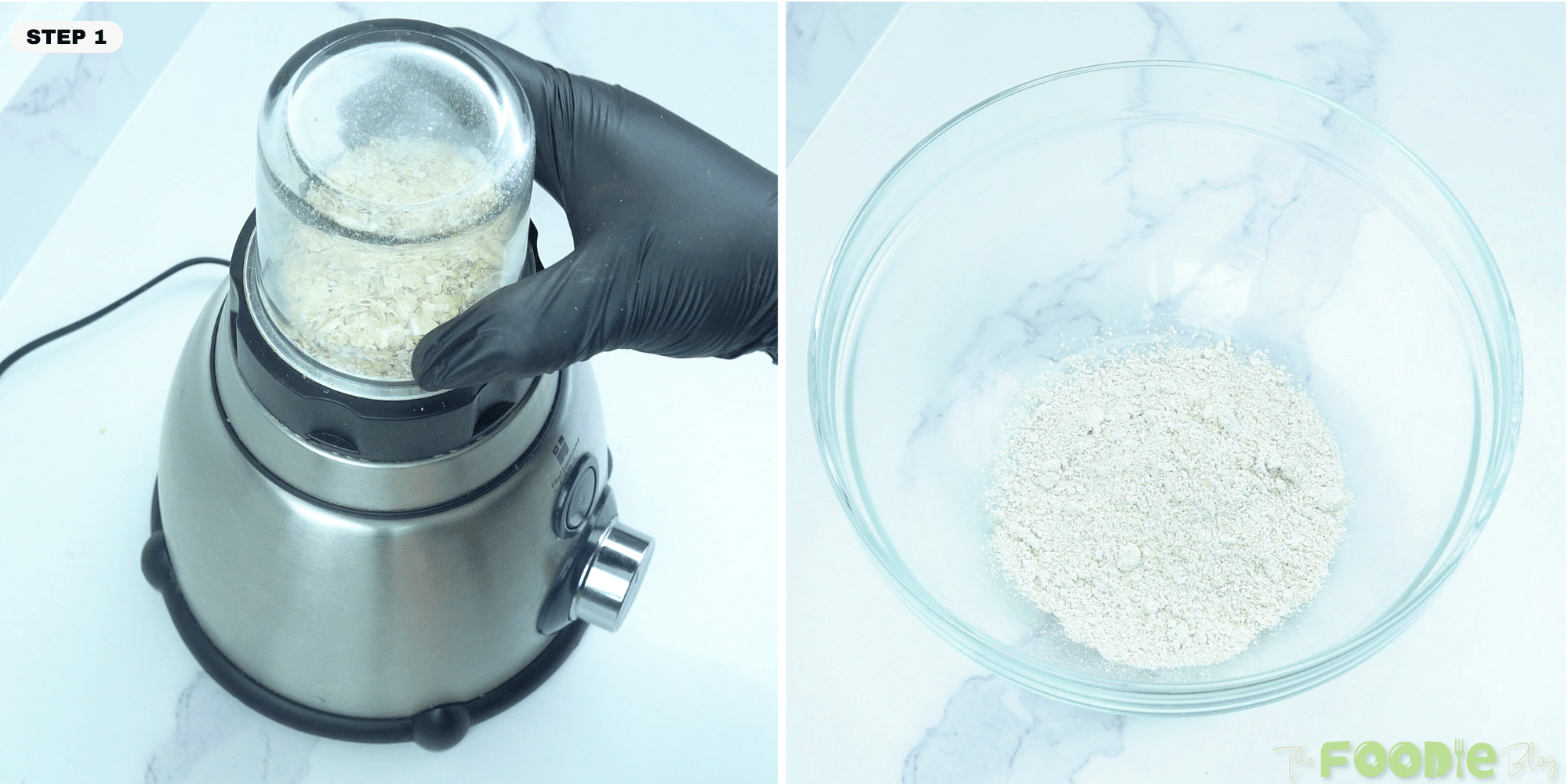 Oats being blended into a fine flour in a small blender and poured into a bowl