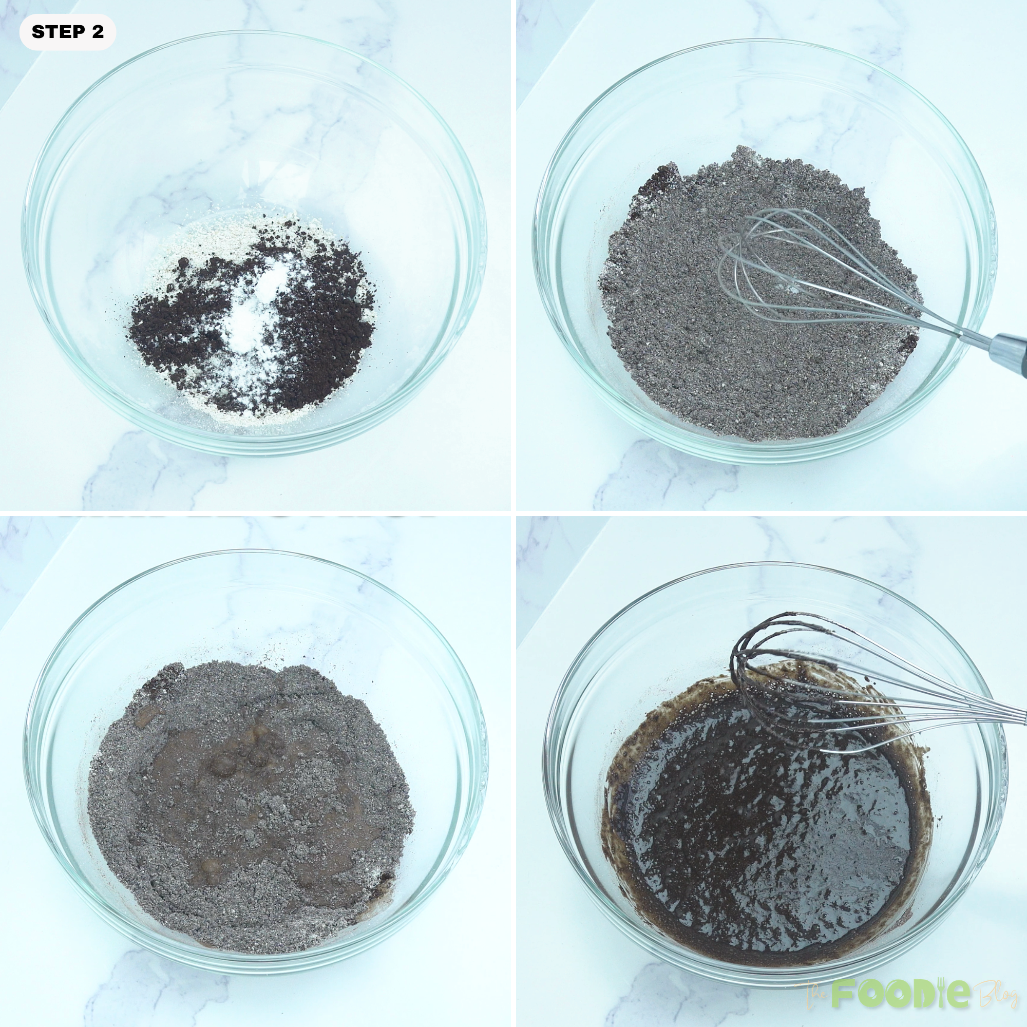 Cocoa and baking powder mixed into oat flour, then stirred with liquid to form chocolate batter