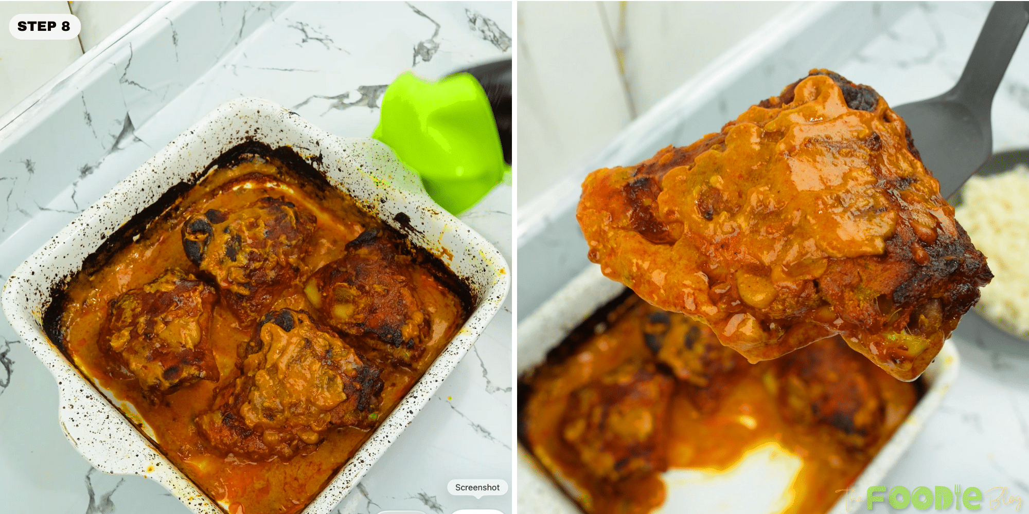 Baked butter chicken in a baking dish with a spoonful of sauce-coated chicken lifted up