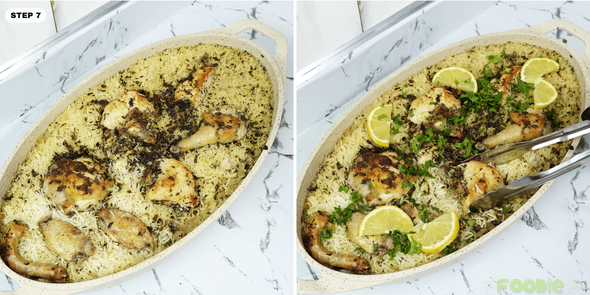 One pot chicken and rice garnished with lemon slices and chopped parsley in the pan