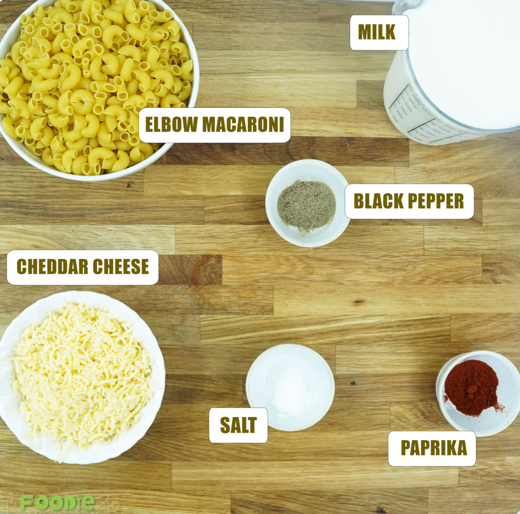 Labeled ingredients for one pot mac and cheese including milk, elbow macaroni, cheddar, salt, pepper, and paprika