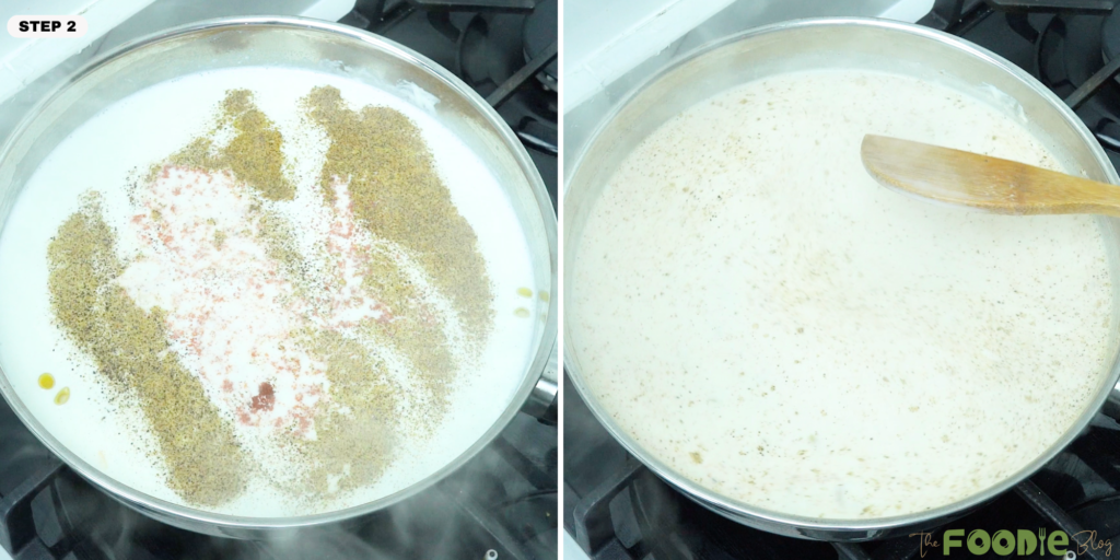 Milk and pasta mixture with black pepper and paprika added in a pan