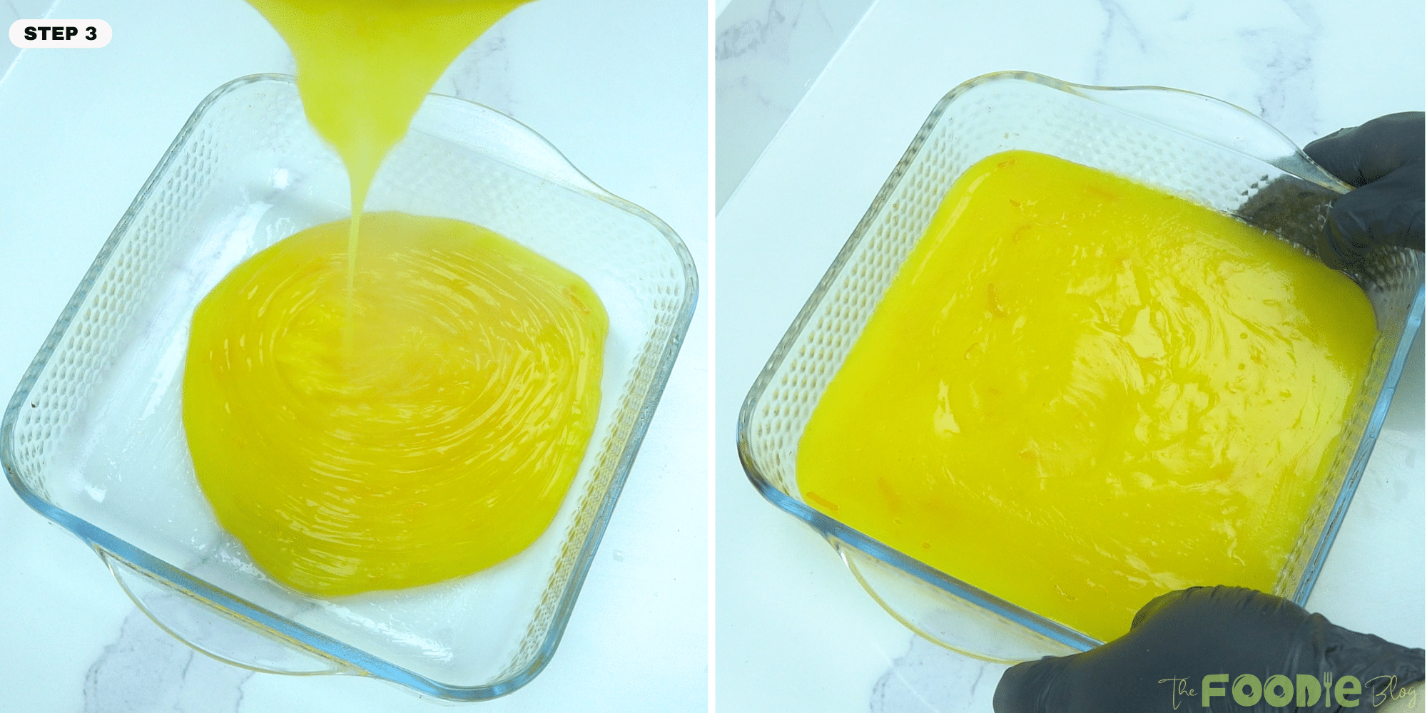 Pouring hot orange jelly mixture into a square glass dish to set