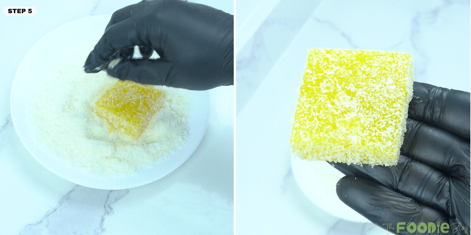 Rolling an orange jelly square in desiccated coconut to coat all sides