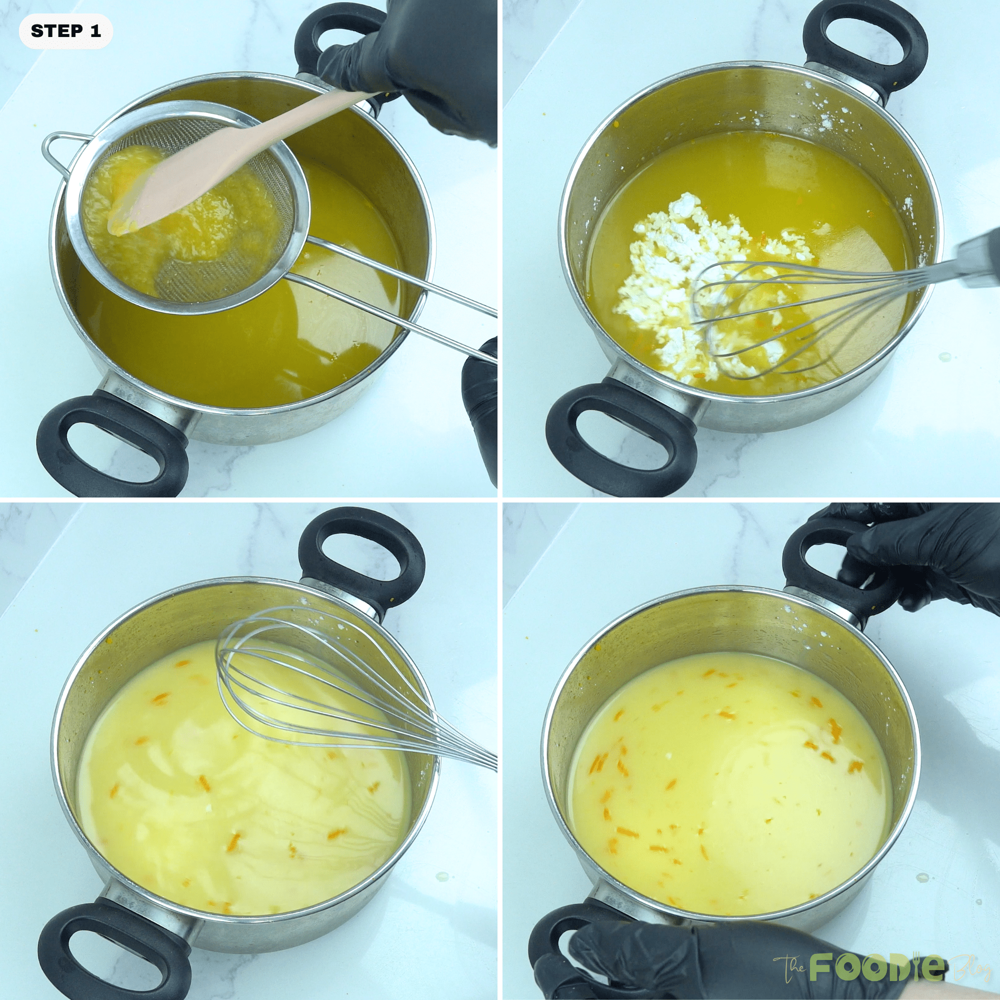 Straining fresh orange juice into a pot to remove pulp for orange jelly