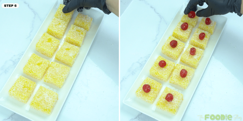 Placing candied cherries on coconut-coated orange jelly squares on a serving platter