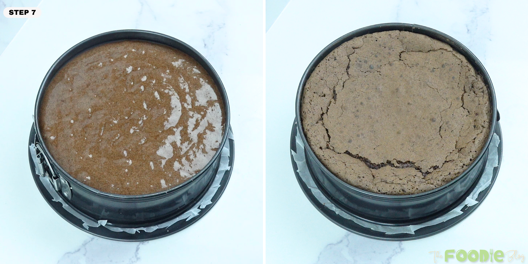 Cake batter in a round pan before and after baking