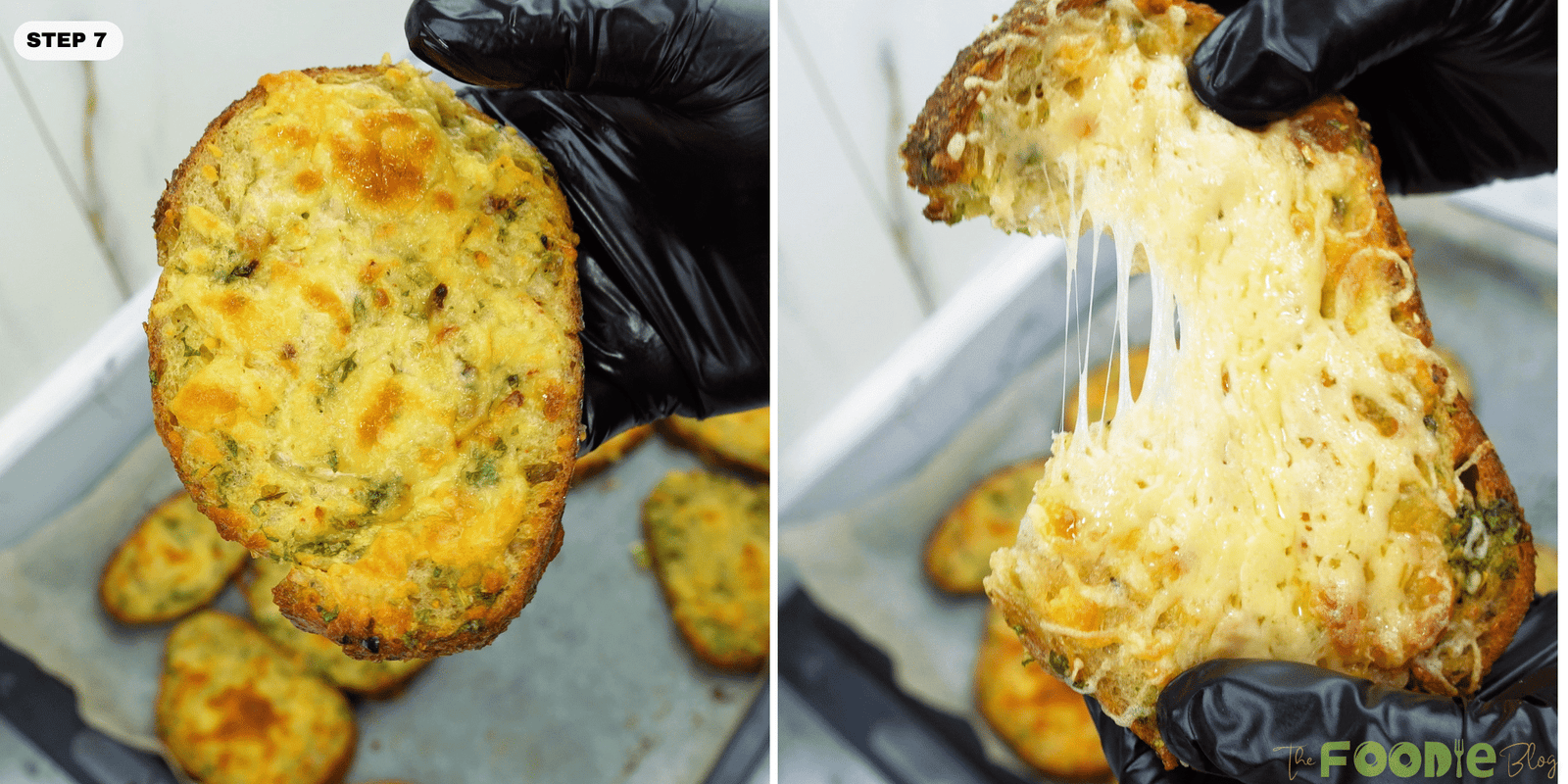Holding a slice of oven baked egg toast with melted mozzarella stretching
