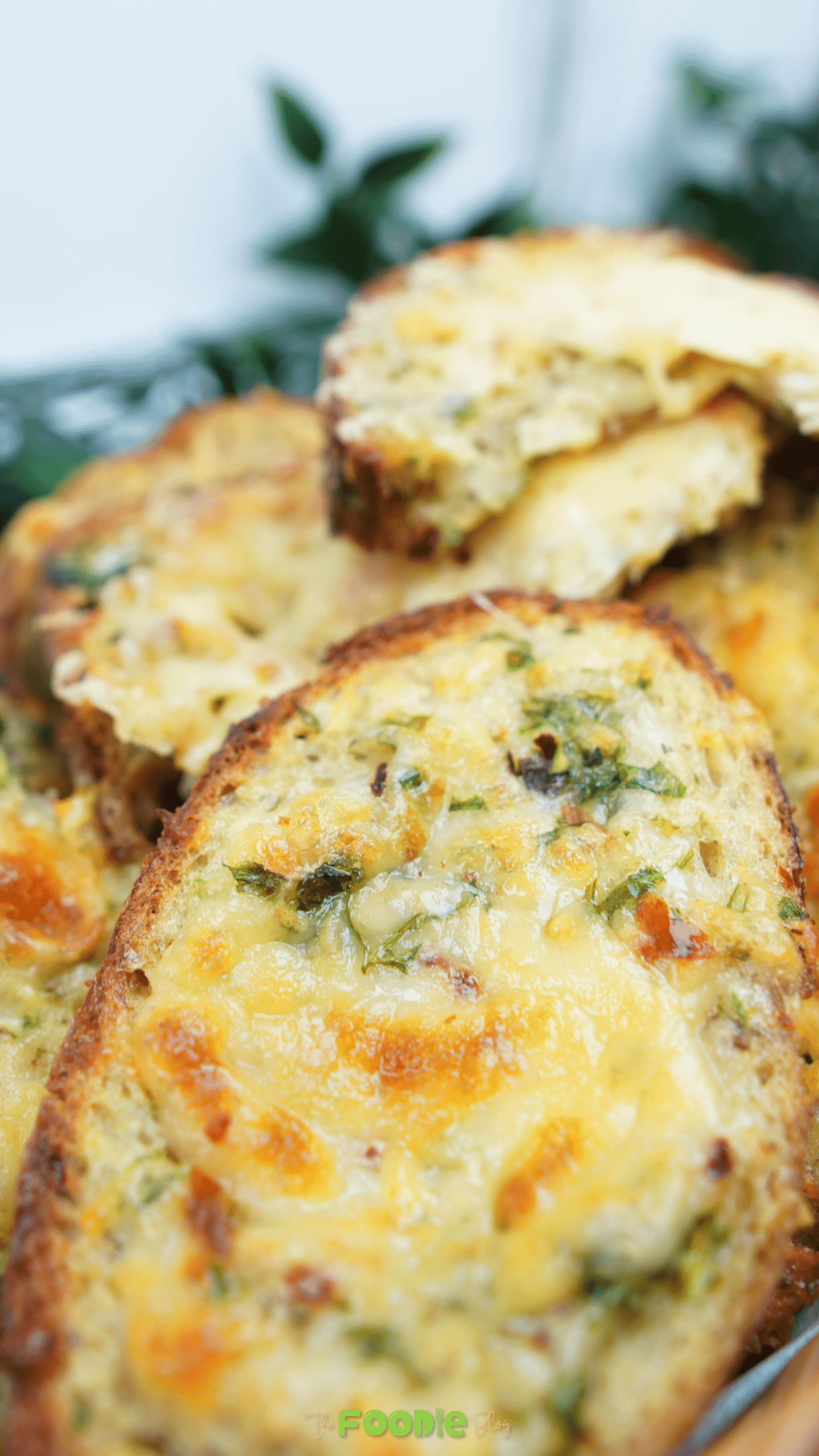 Close-up of oven baked egg toast with browned mozzarella and parsley