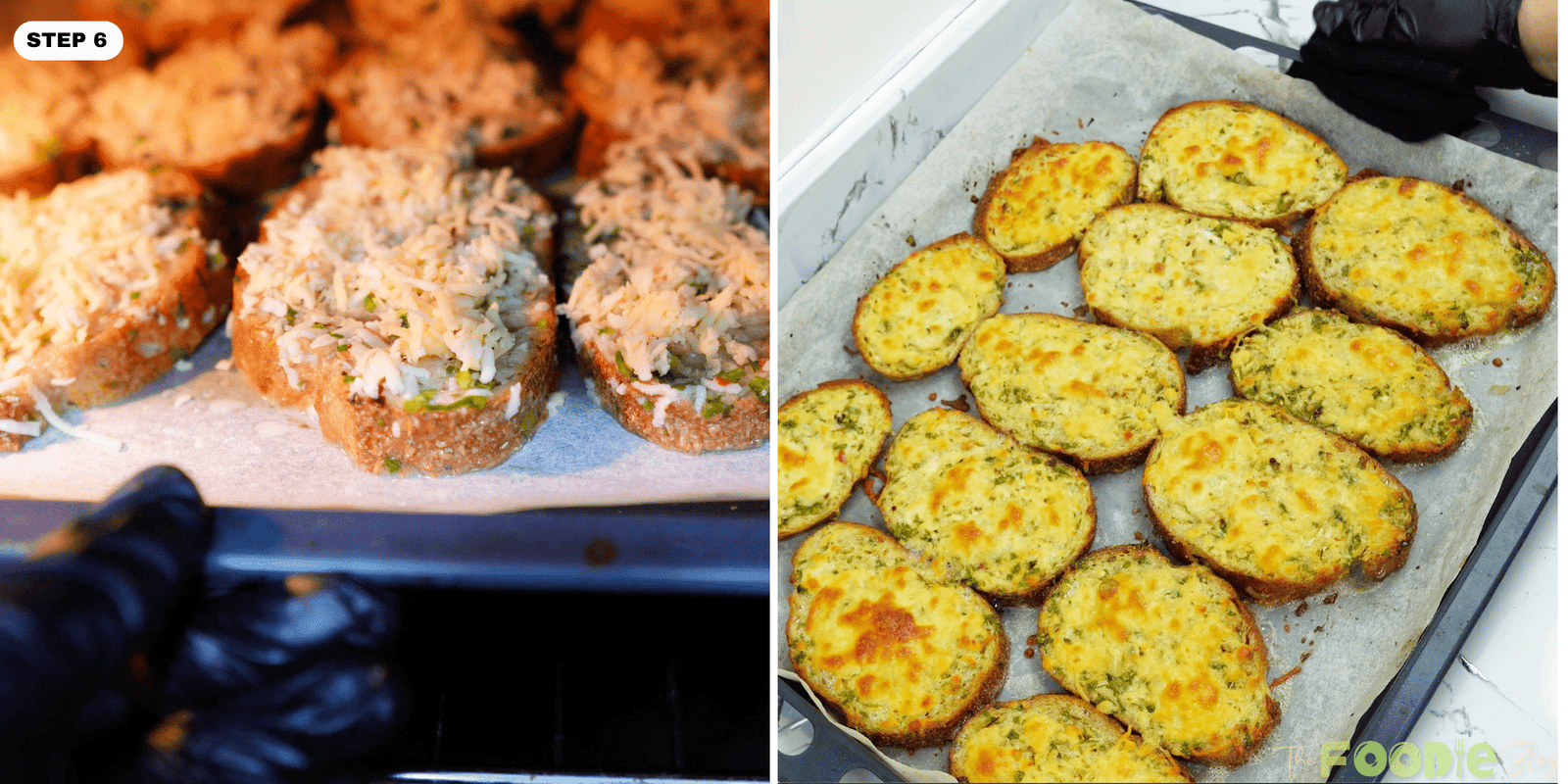 Cheese-topped bread slices baking and then finished golden oven baked egg toast on the tray
