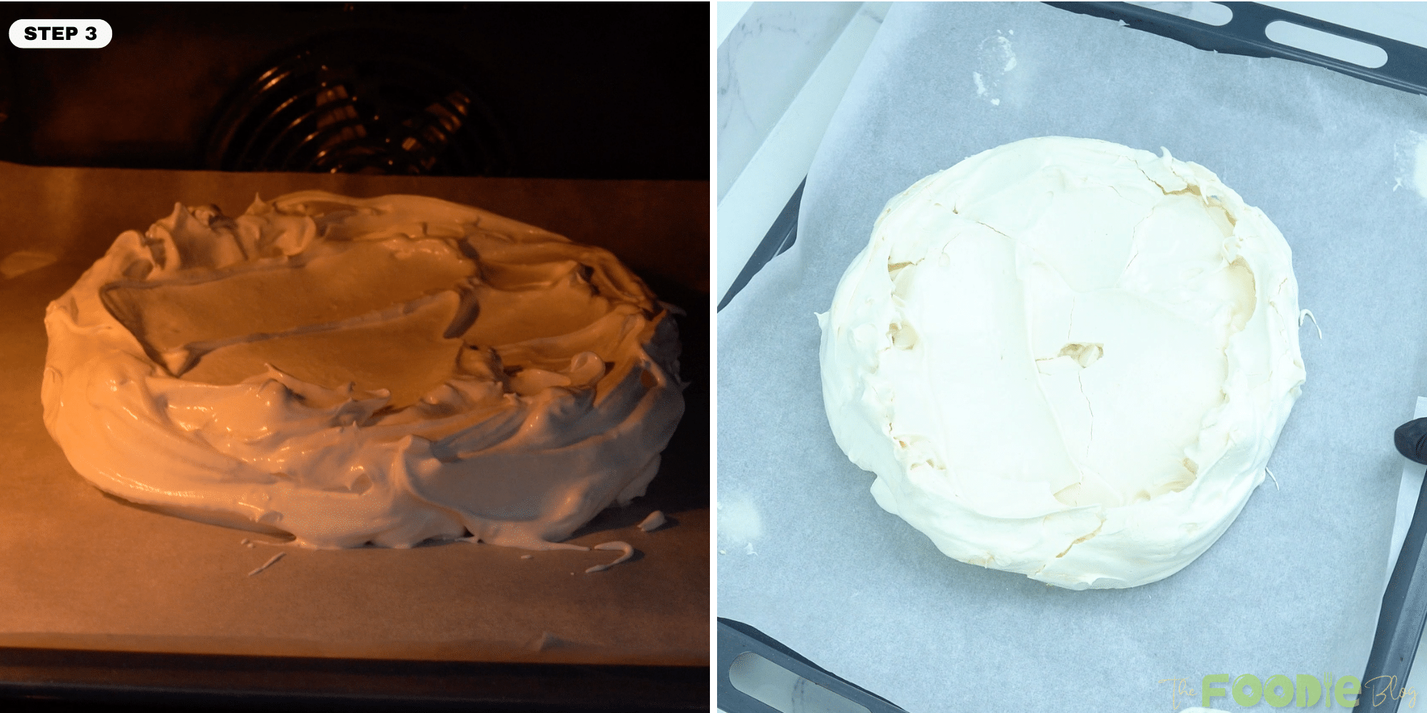 Pavlova meringue baking in the oven and then cooling on the baking sheet