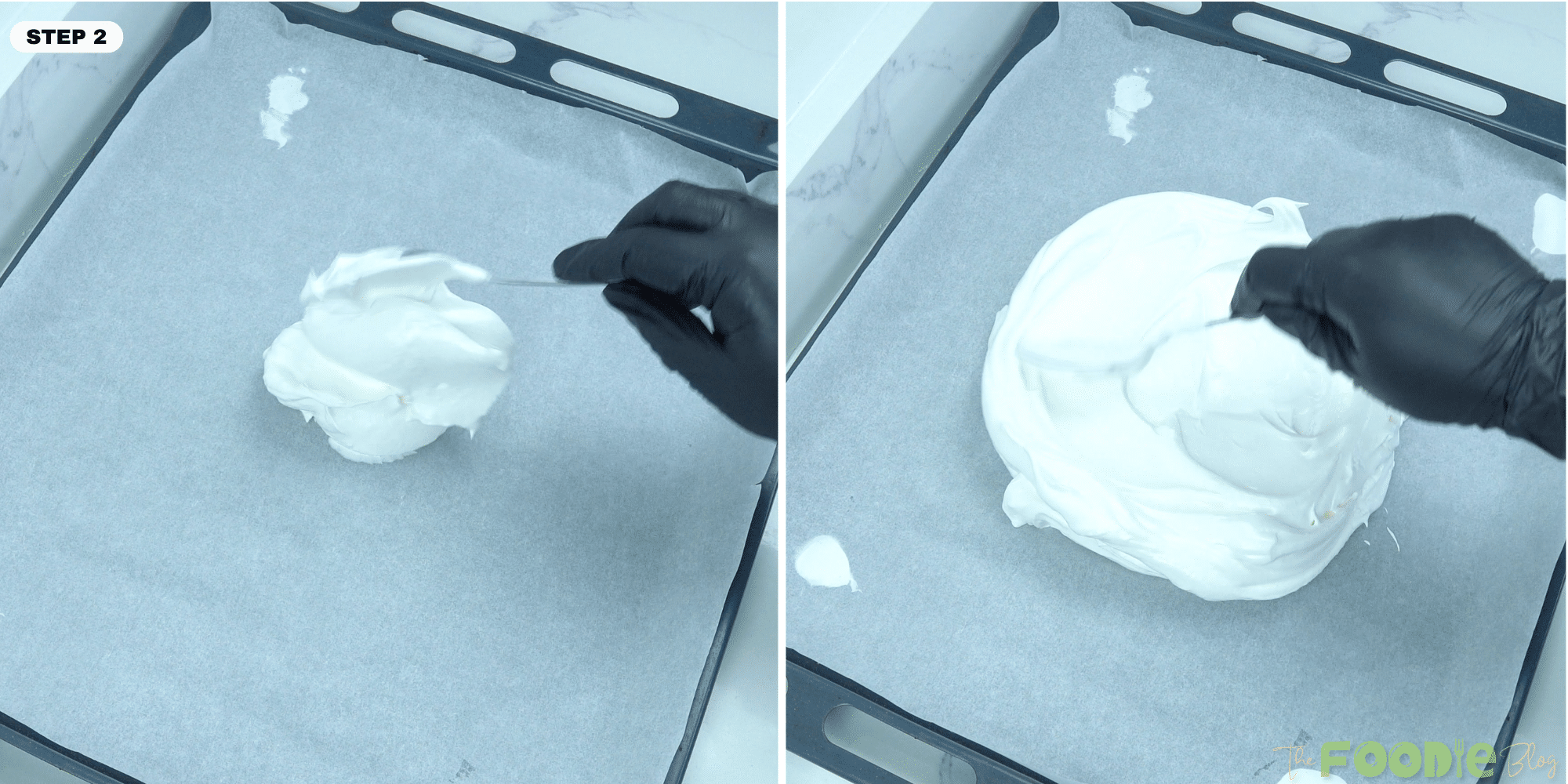 Meringue being spooned and spread onto parchment paper in a round shape