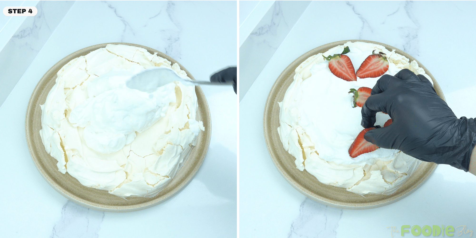Whipped cream being spread on the pavlova and strawberries being placed on top