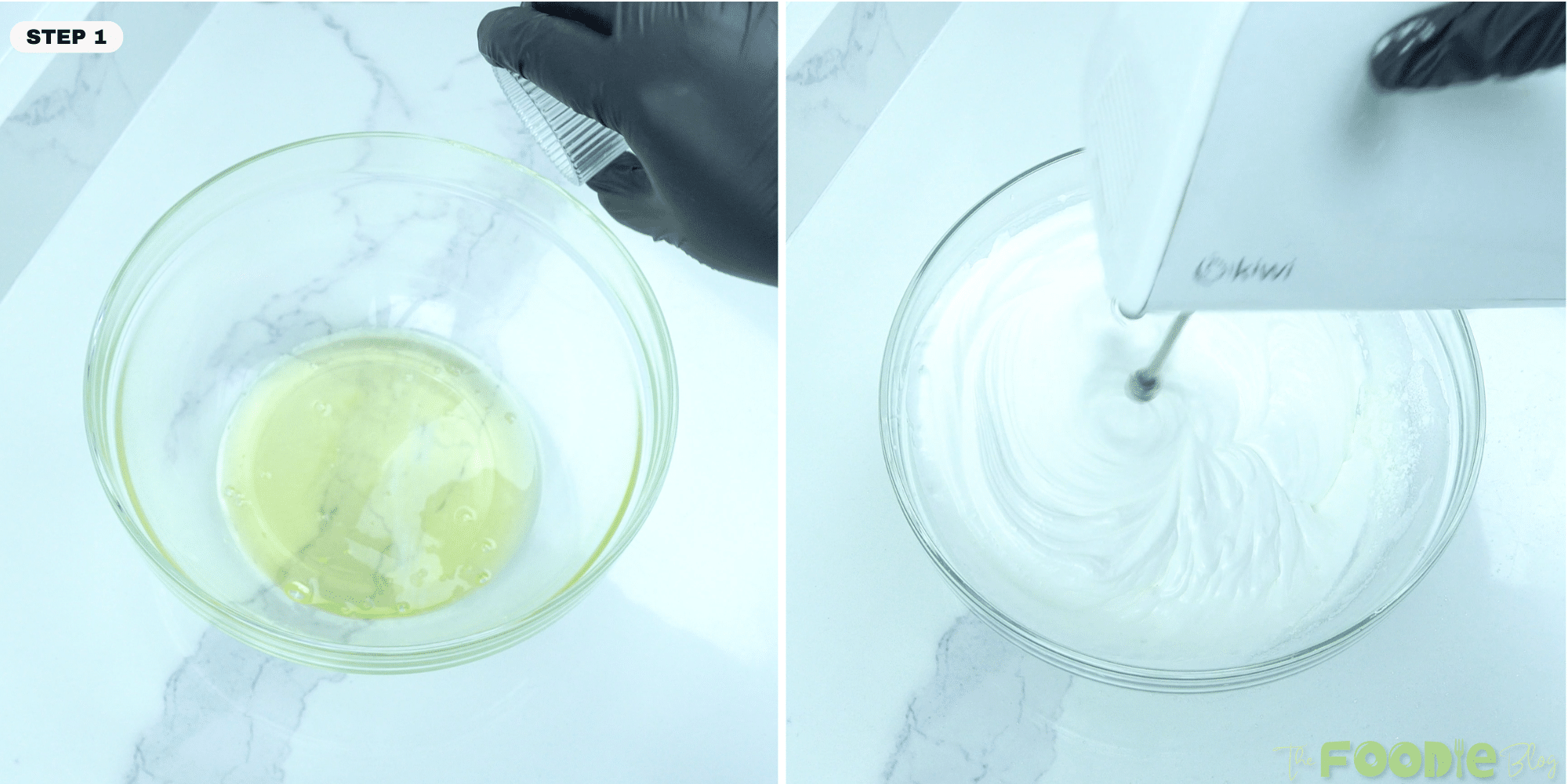 Egg whites being whipped with a mixer until fluffy in a clear bowl