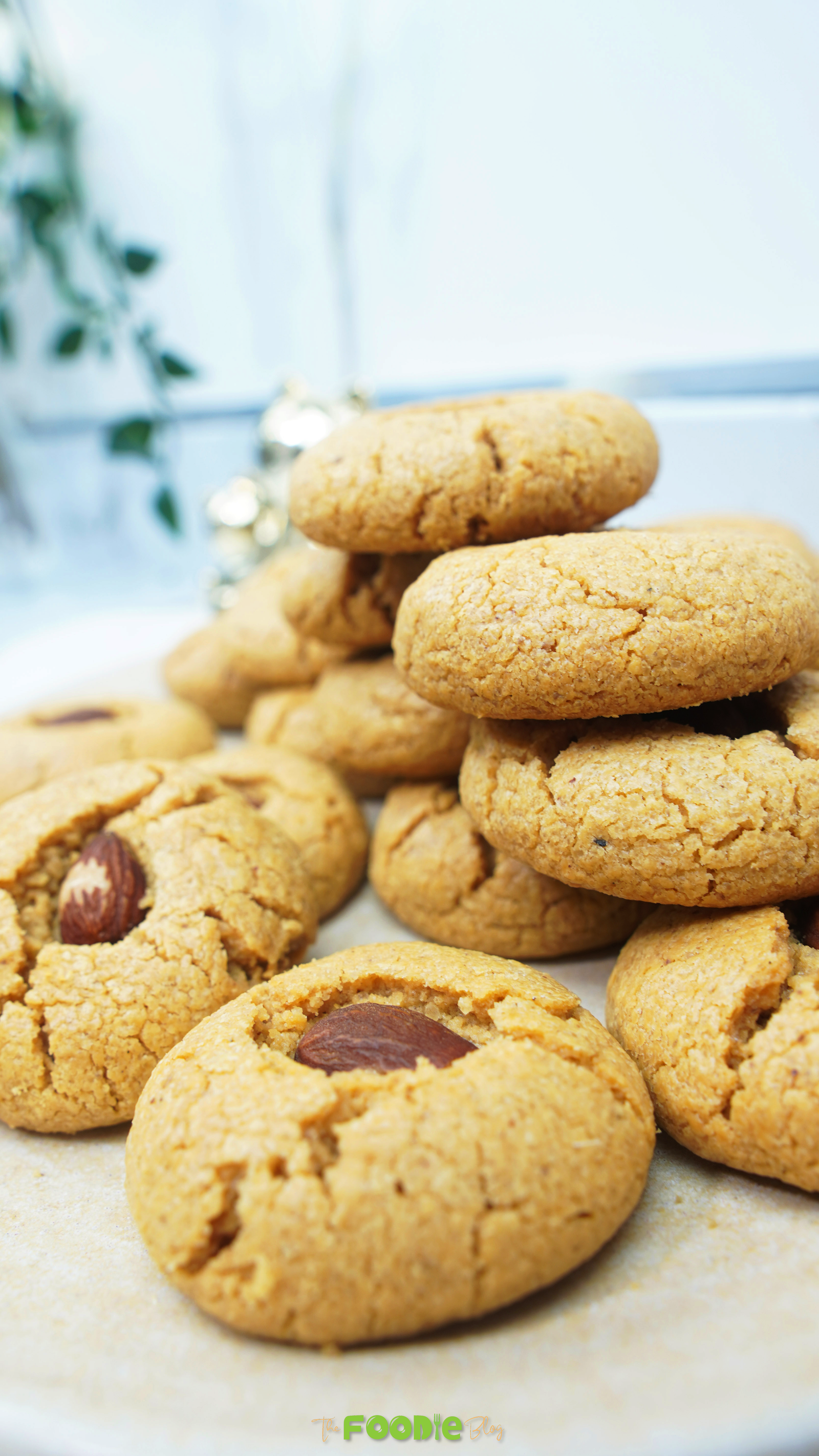 Plate of finished peanut butter cookies stacked and ready to serve
