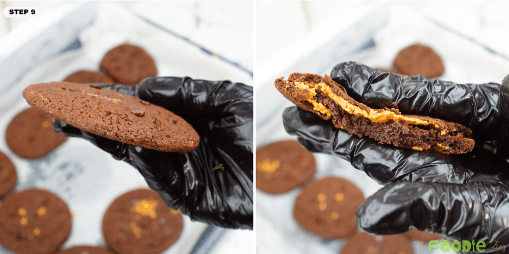 Broken chocolate cookie showing a thick peanut butter-filled center inside.