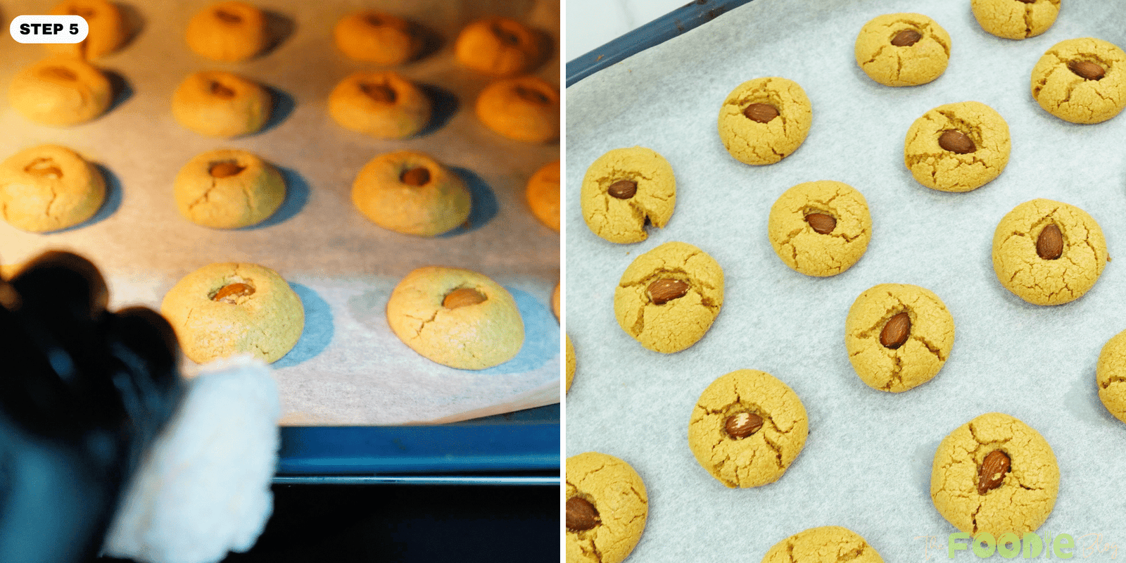 Almond-topped cookies baking in the oven and a tray of finished cookies
