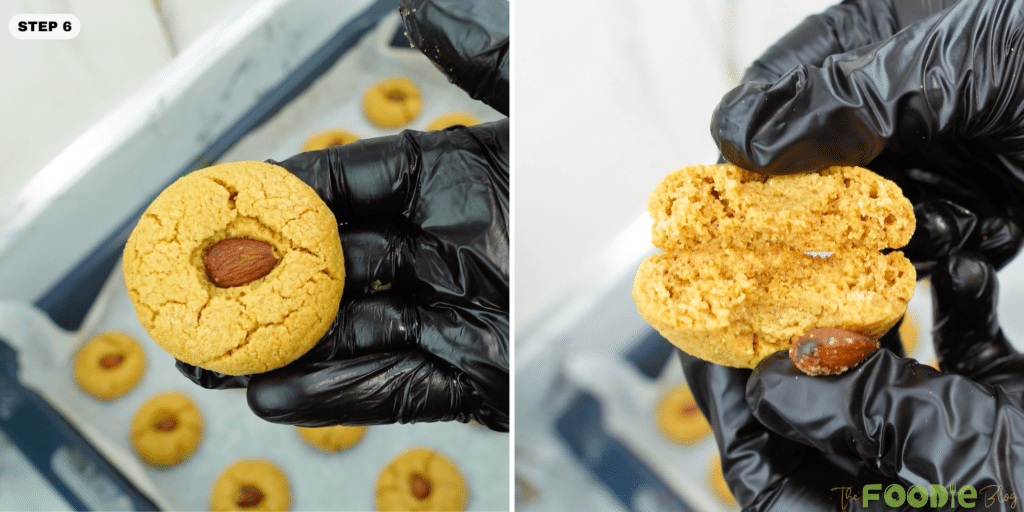 Hand holding an almond-topped cookie and a broken cookie showing the soft interior
