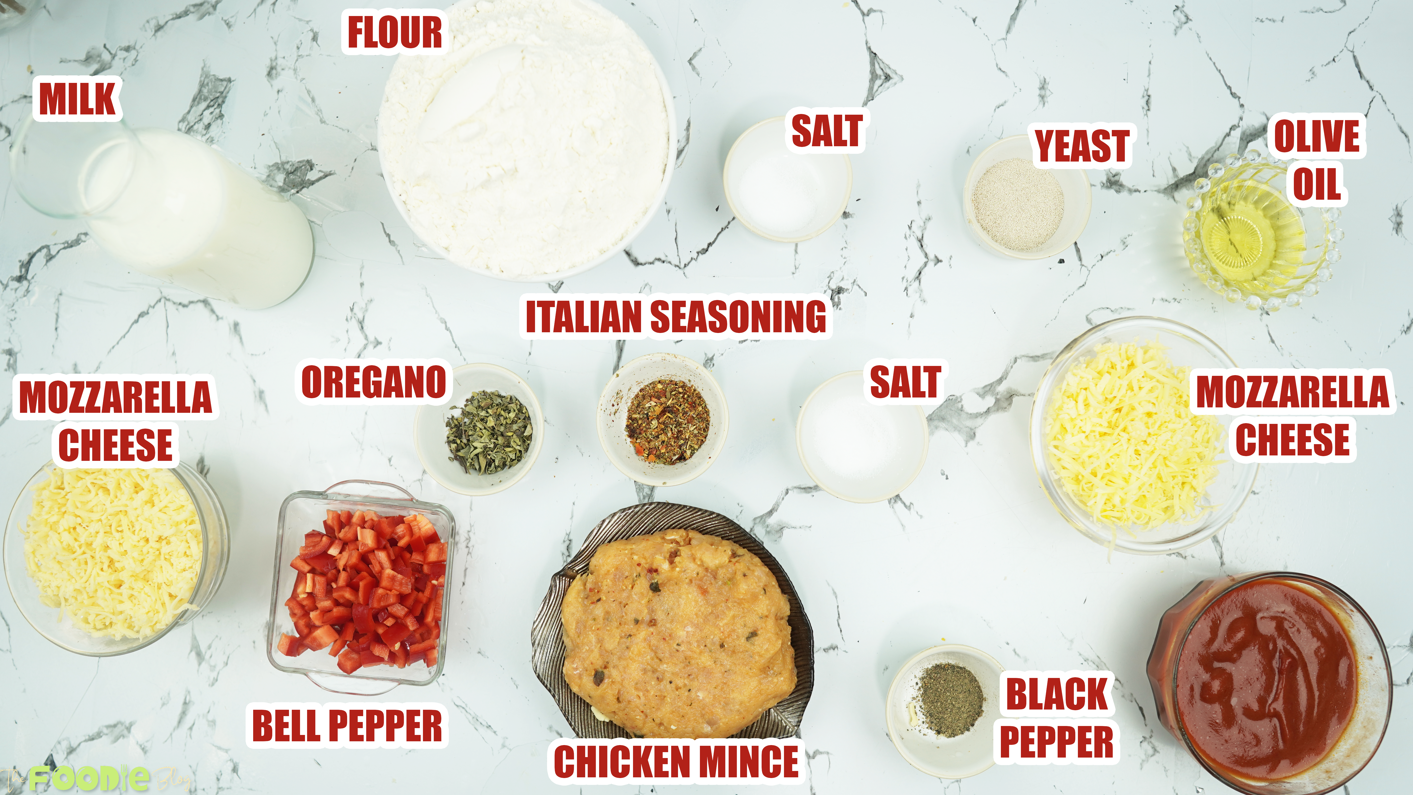 Overhead view of Pizza Rolls ingredients including flour, milk, yeast, olive oil, mozzarella, tomato sauce, chicken mince, and seasonings
