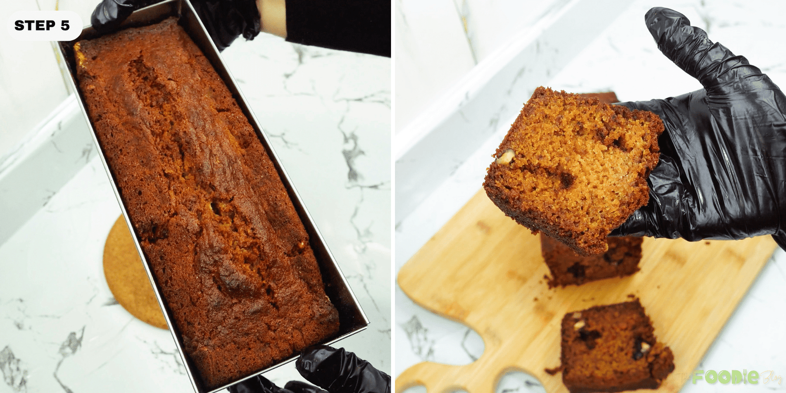 Baked pumpkin bread loaf in the pan with a sliced piece showing the crumb
