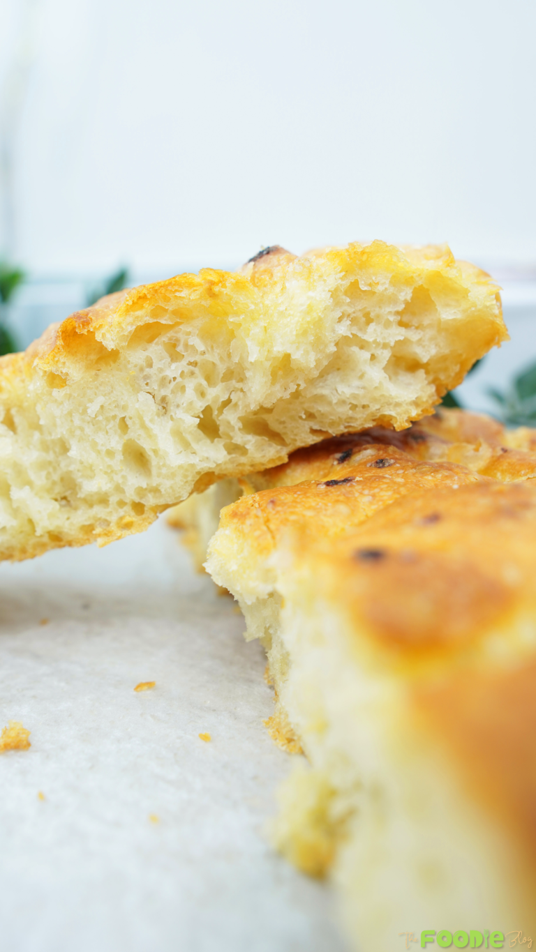 Close-up of the airy crumb and crisp crust of focaccia-style bread
