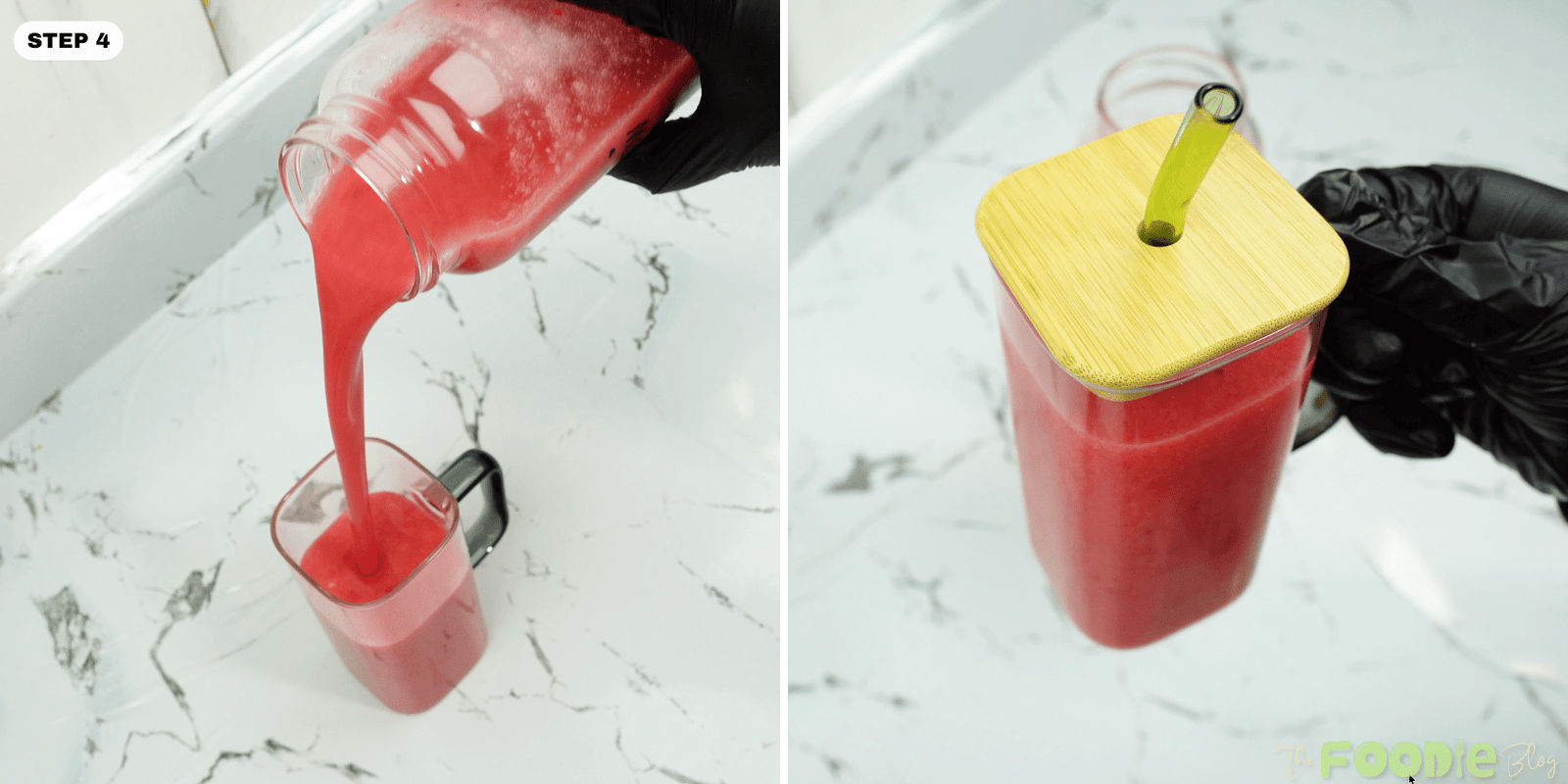 Raspberry juice being poured into a glass and a filled bottle of juice with a straw lid
