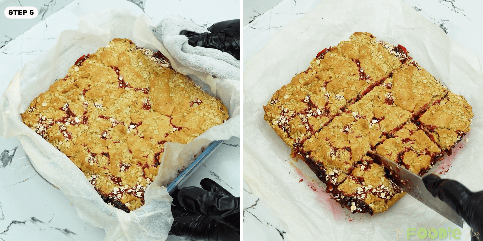 Baked raspberry oat bars cooling in the pan and being sliced into squares
