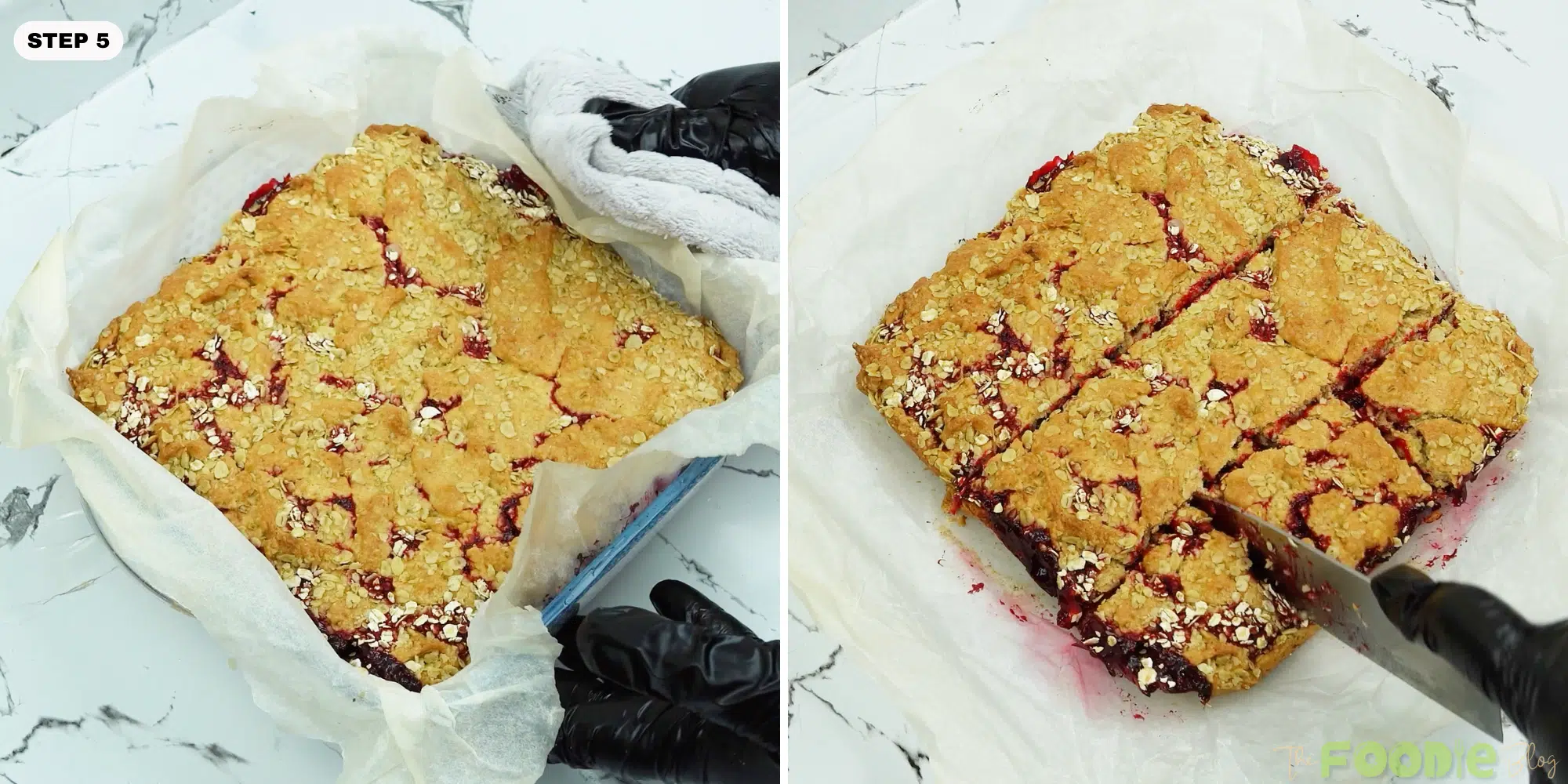 Baked raspberry oat bars cooling in the pan and being sliced into squares