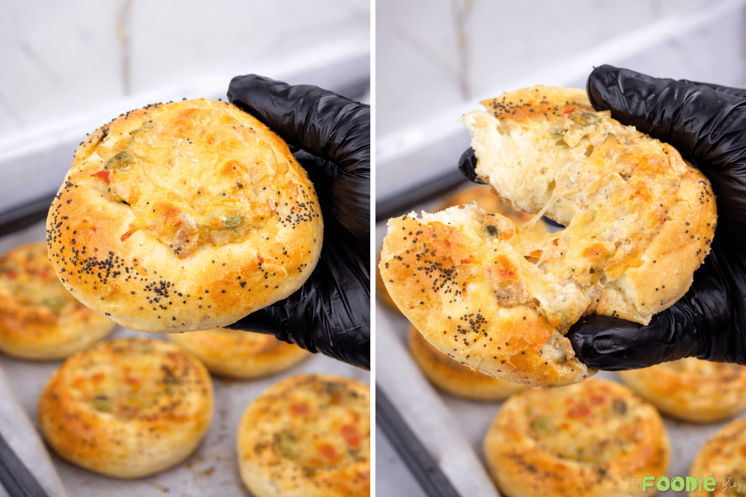 Final step photo of soft cheese pizza with one bun held in hand and another torn open to reveal melted cheesy filling.