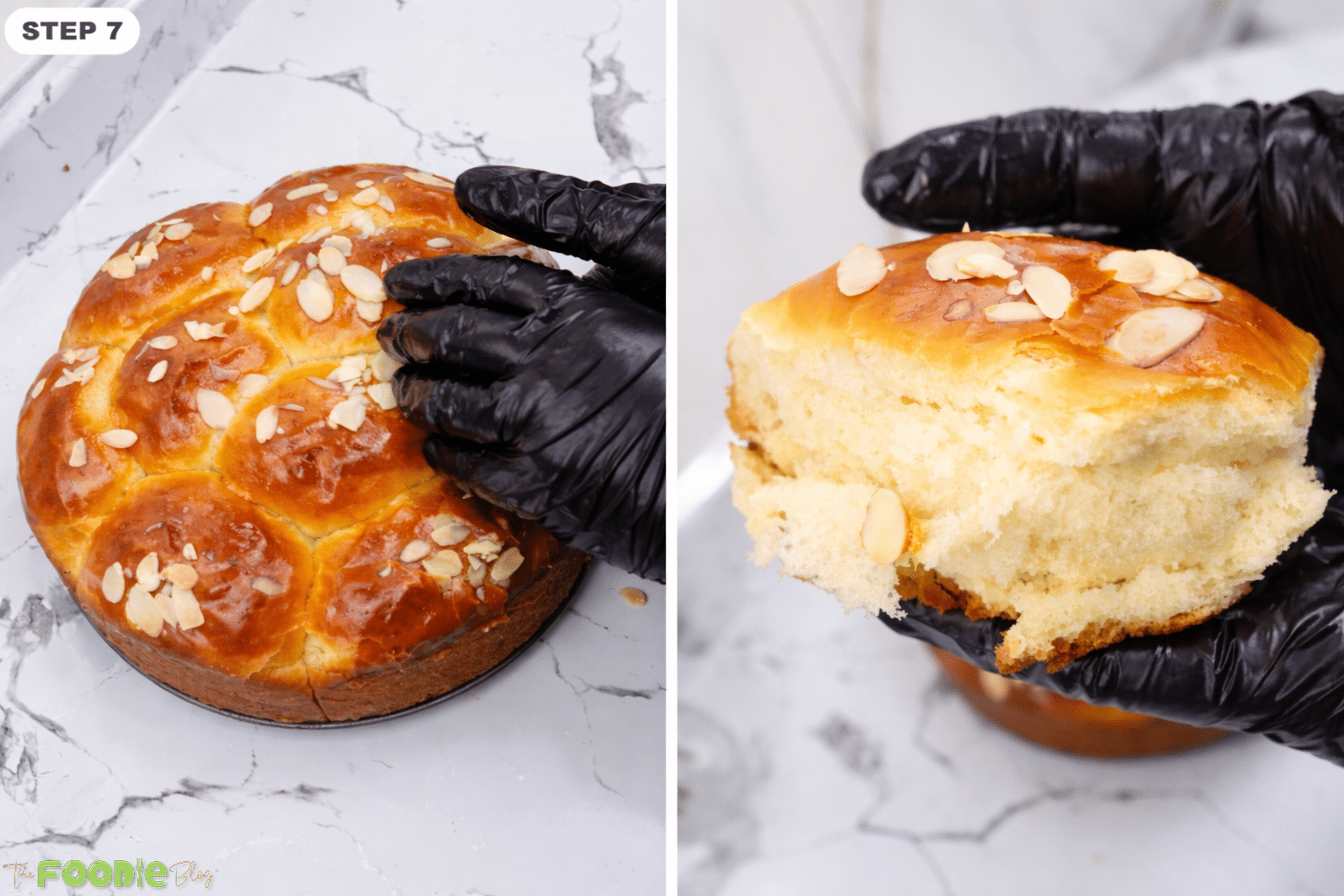 Close-up of soft homemade brioche bread with a fluffy sliced piece on top and almond flakes on the golden crust.