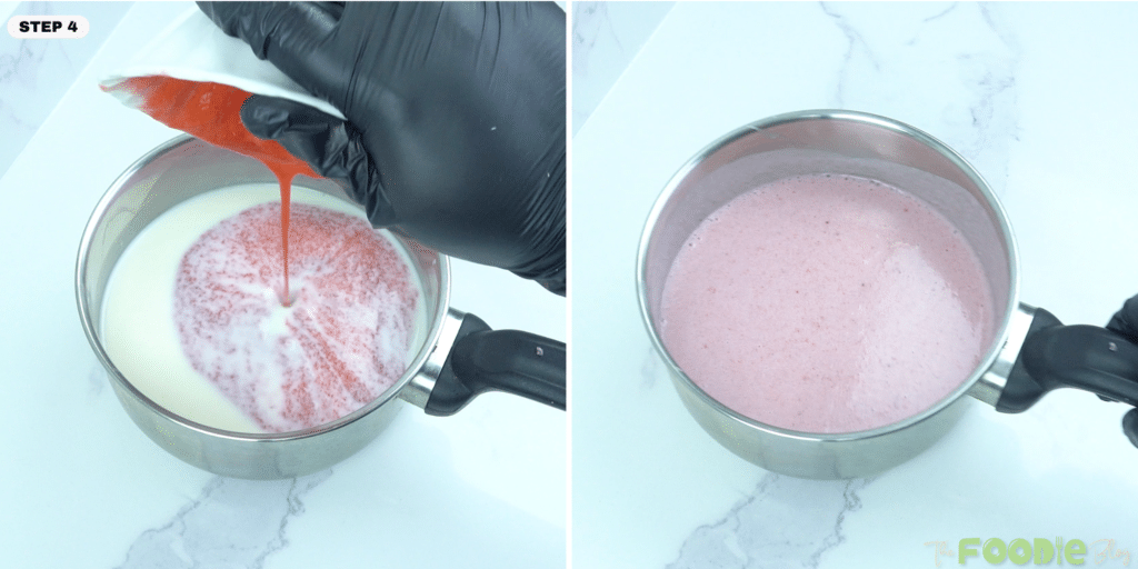 Pouring strawberry puree into warm milk mixture in a saucepan