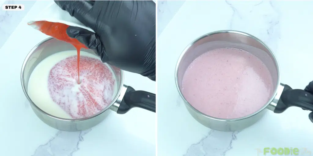 Pouring strawberry puree into warm milk mixture in a saucepan