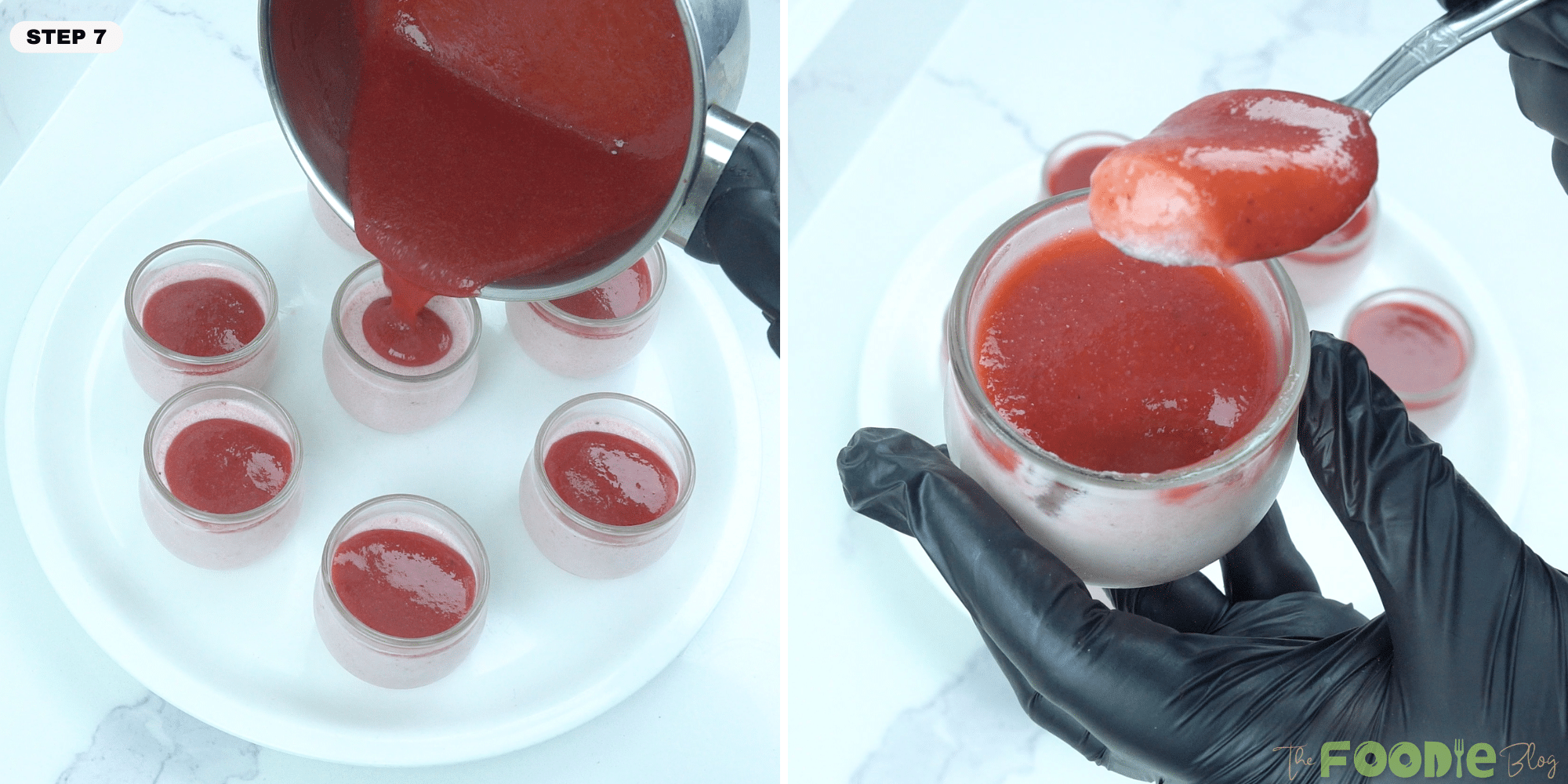 Adding strawberry topping to panna cotta cups with a spoon