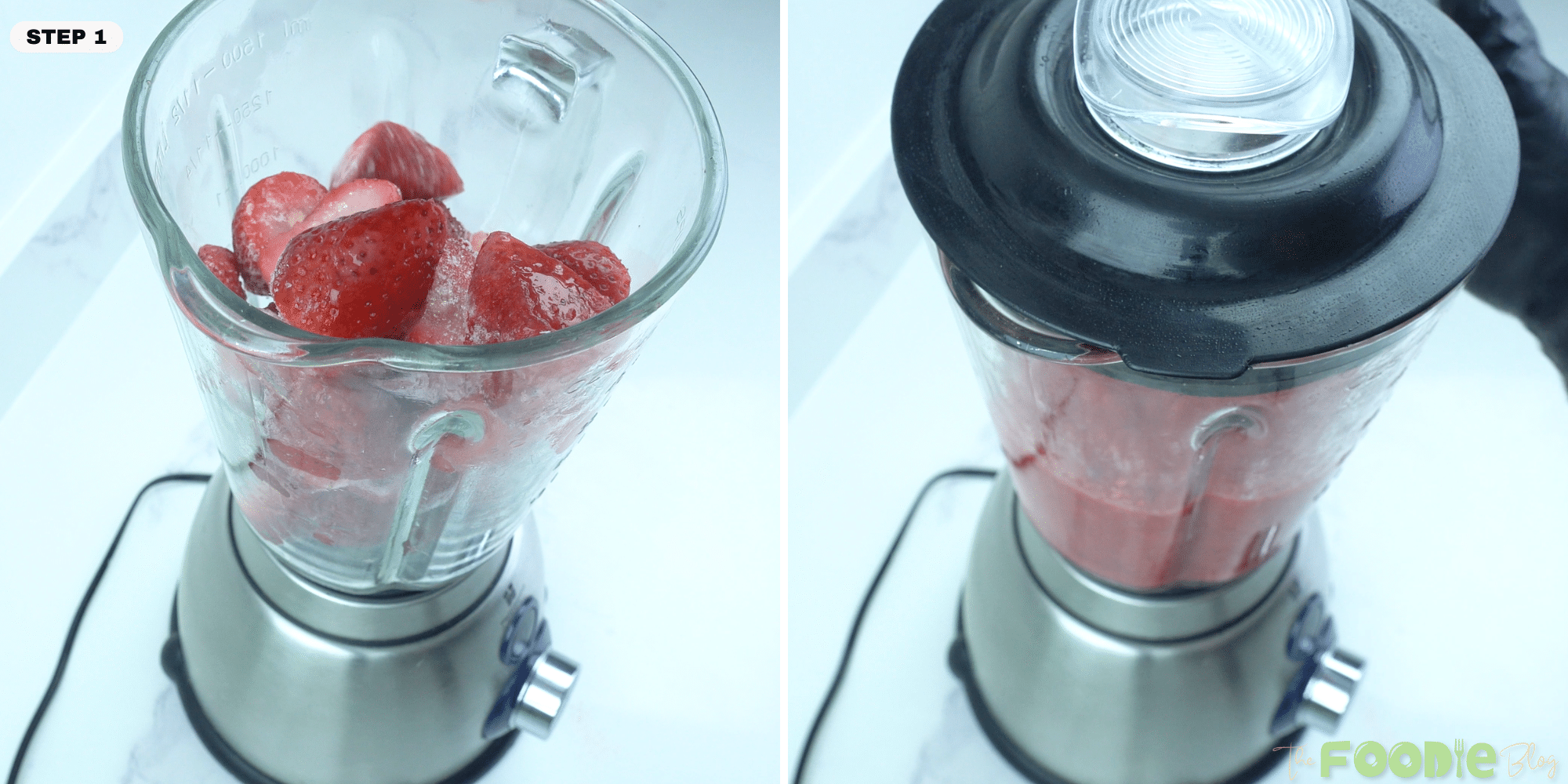 Strawberries in a blender before blending for strawberry panna cotta