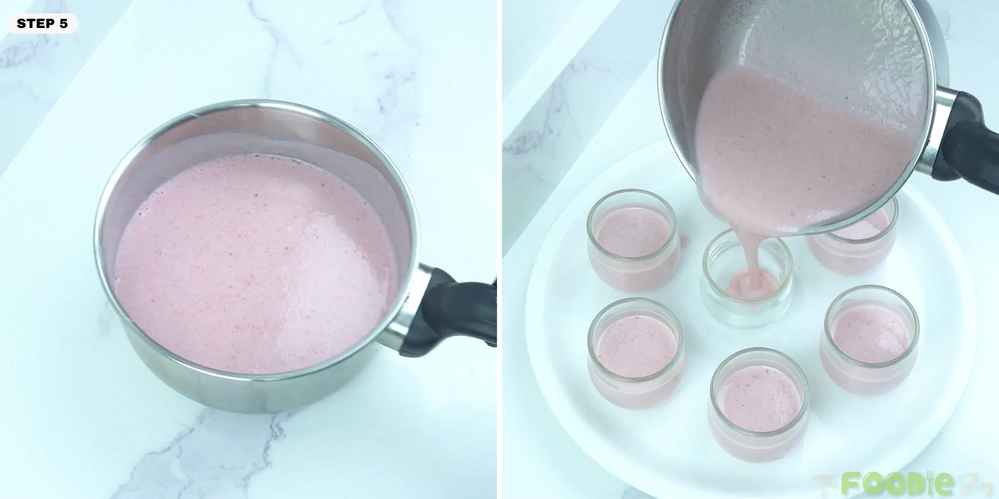 Pouring strawberry panna cotta mixture into small glass cups