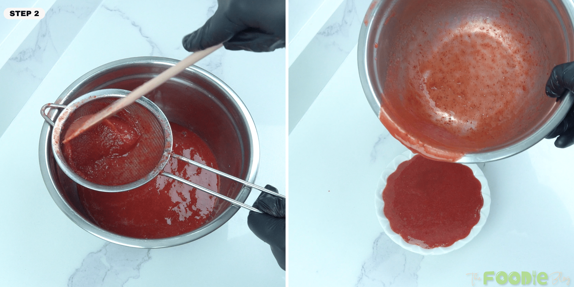Straining strawberry puree through a fine-mesh strainer for a smooth dessert