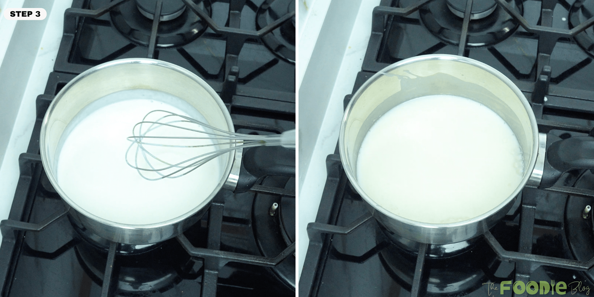 Whisking milk in a saucepan on the stove for panna cotta