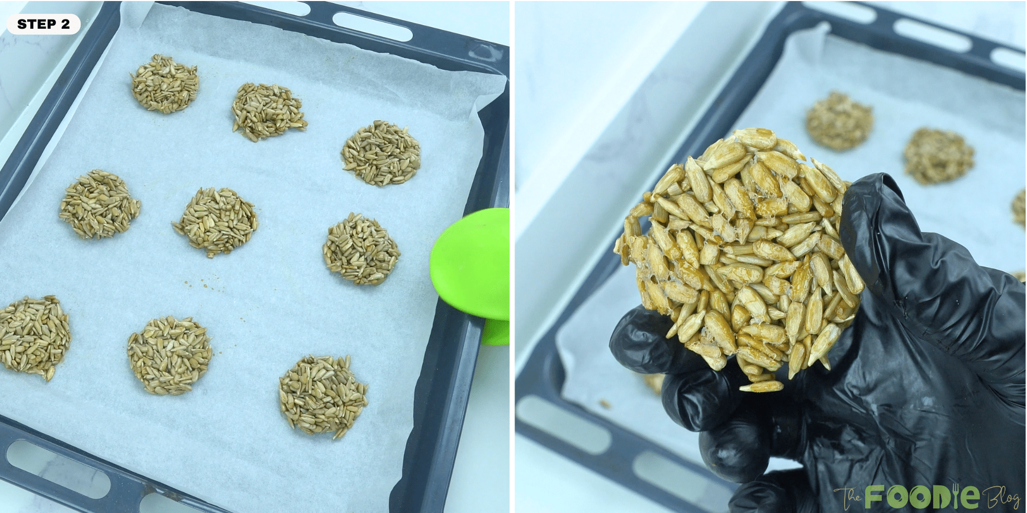 Sunflower seed rounds on a parchment-lined tray before dipping