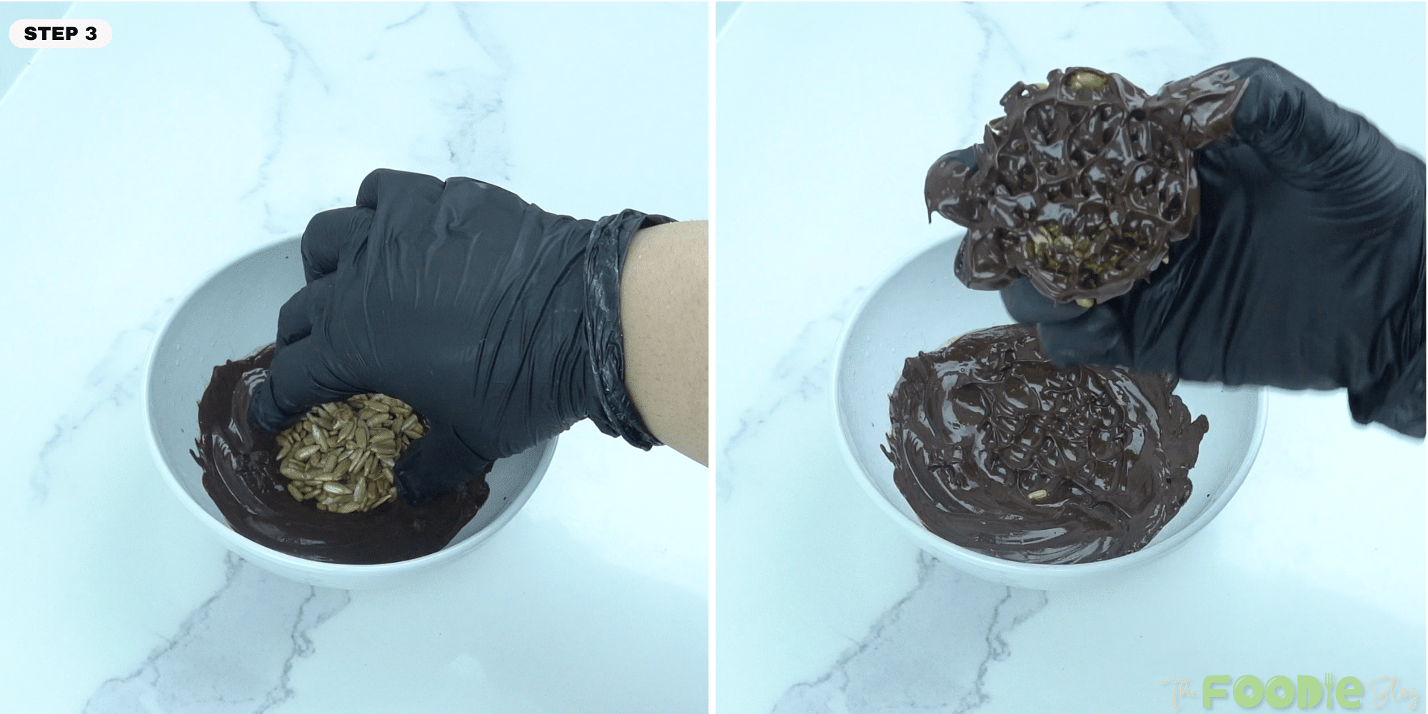 A sunflower seed round being dipped into a bowl of melted chocolate