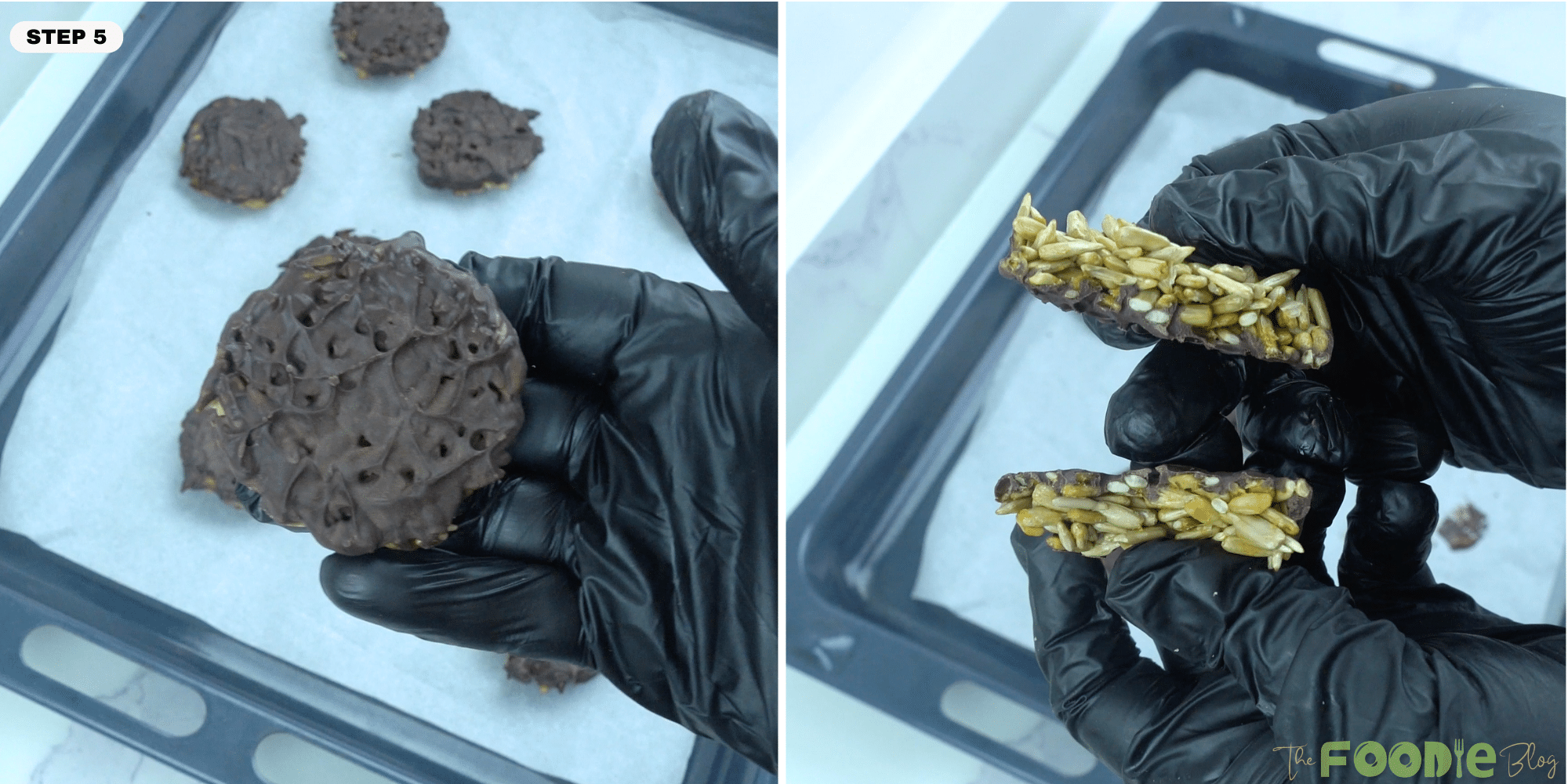 Gloved hands holding a chocolate-coated sunflower seed bite and showing the texture