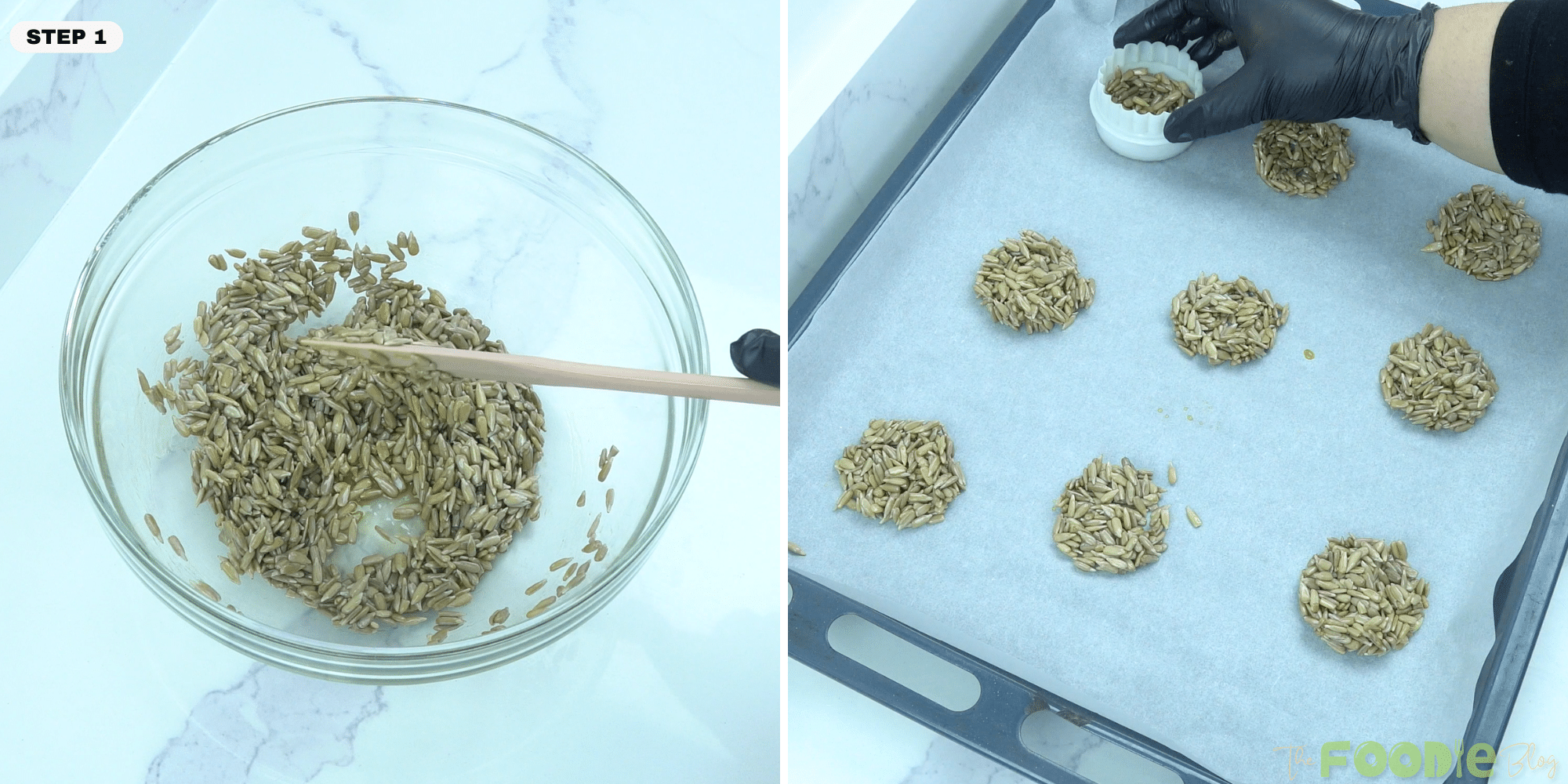 Sunflower seeds being mixed in a bowl and pressed into rounds on a tray