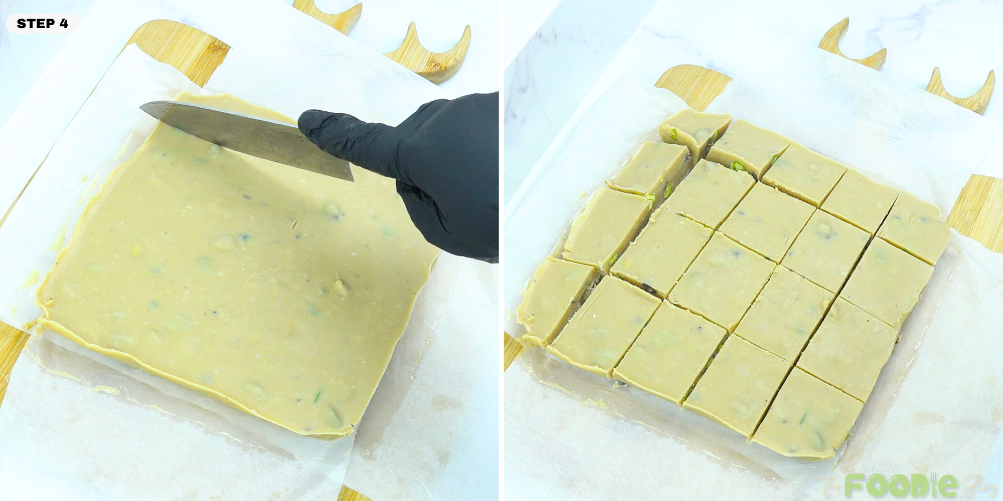 Cutting set tahini fudge into squares on parchment paper