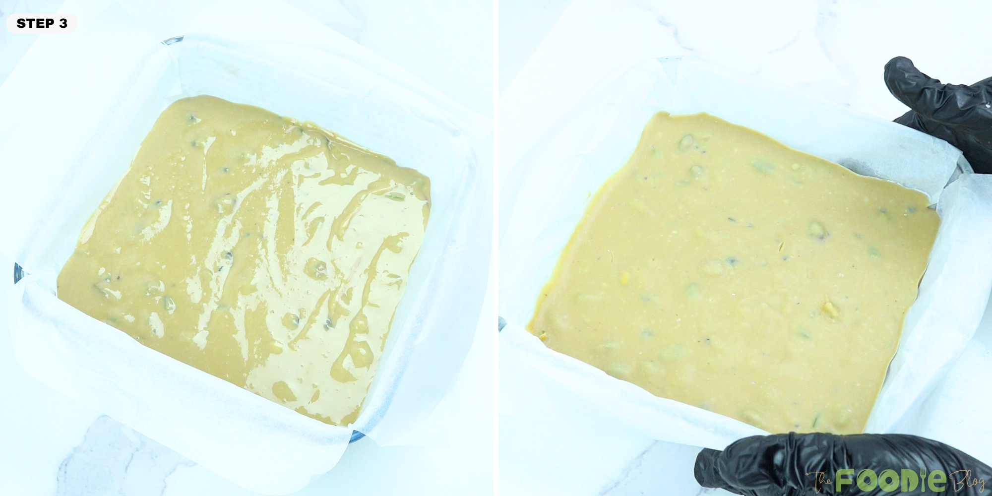 Tahini fudge mixture spread into a parchment-lined square pan