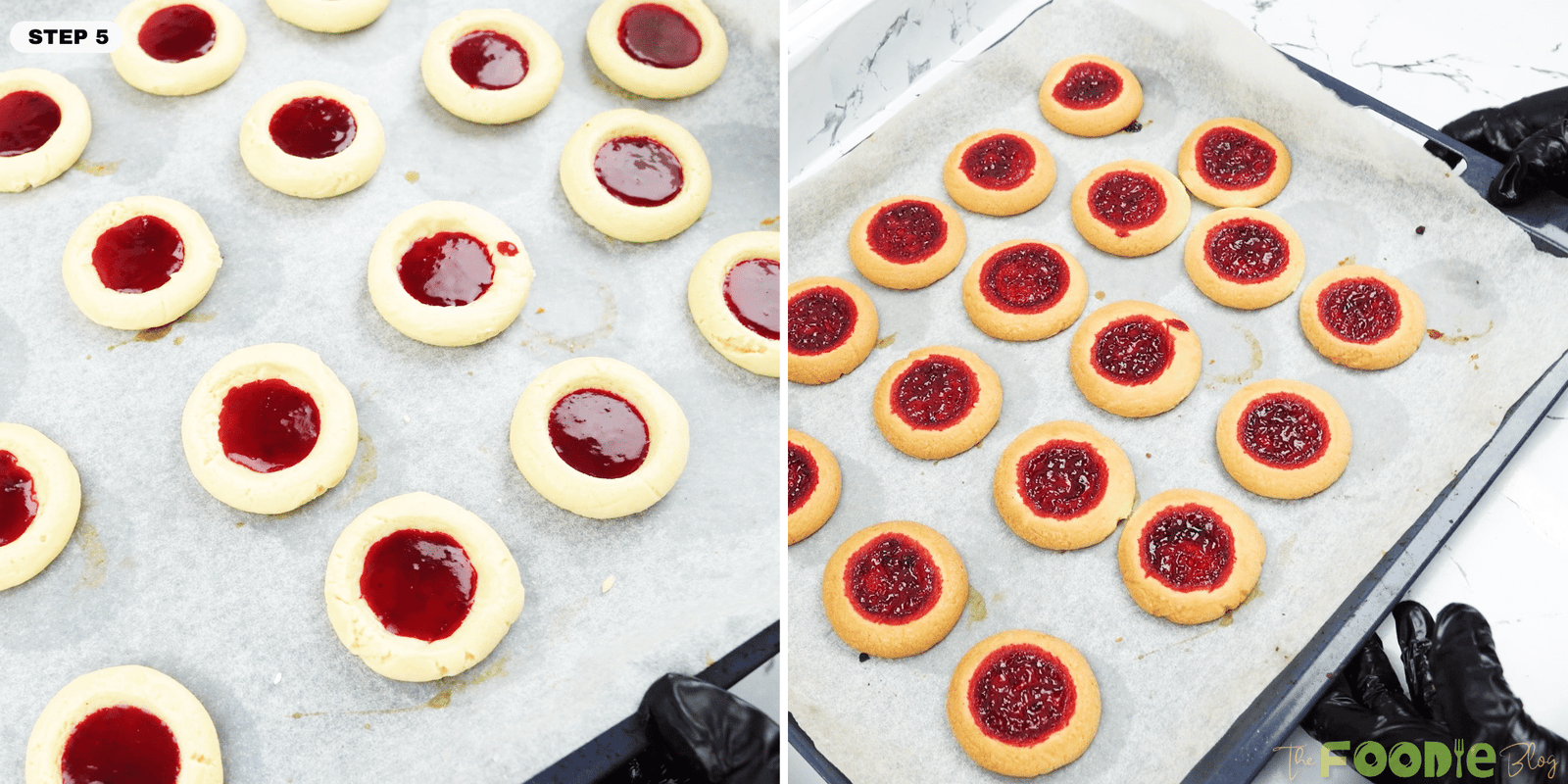 showing thumbprint cookies baked with strawberry jam centers on a lined baking tray