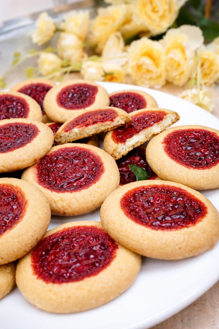 Thumbprint cookies filled with strawberry jam arranged on a white plate