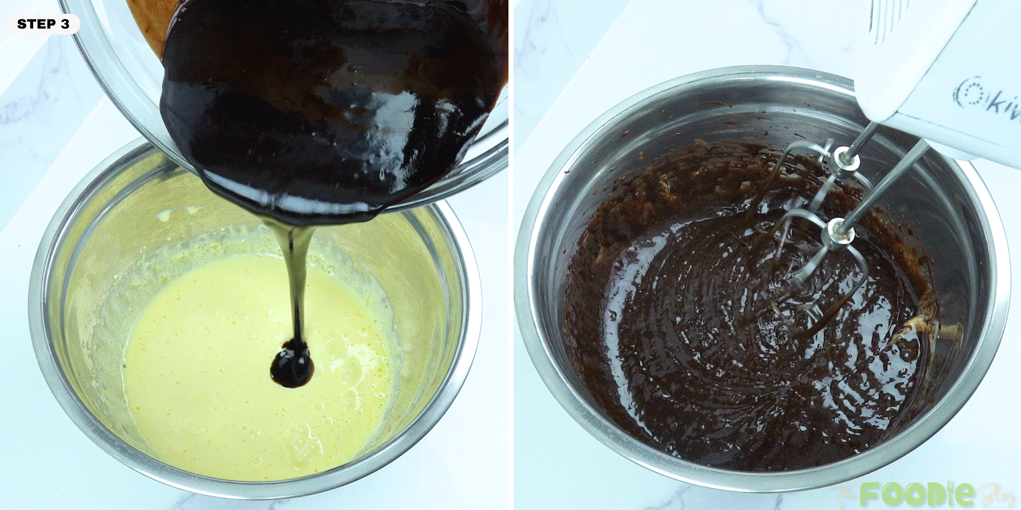 Melted chocolate being poured into a mixing bowl and blended