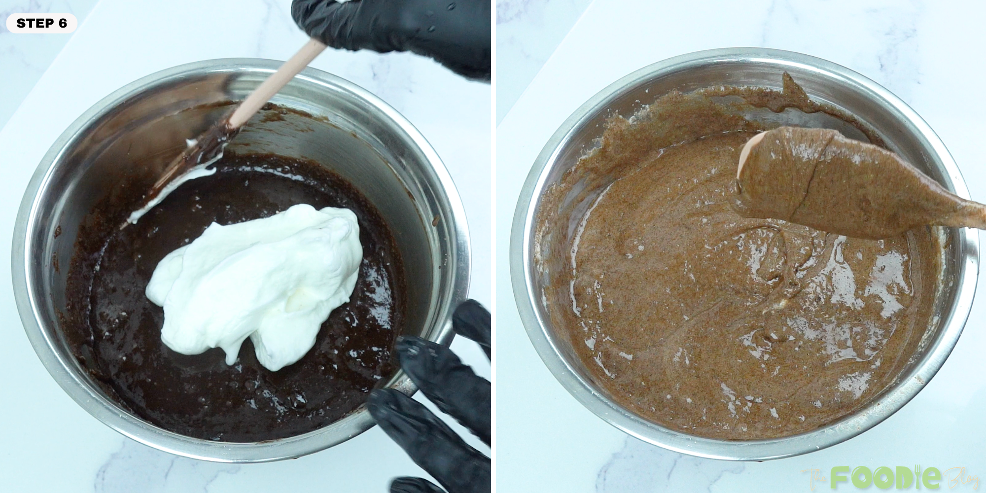 Whipped egg whites being folded into chocolate batter