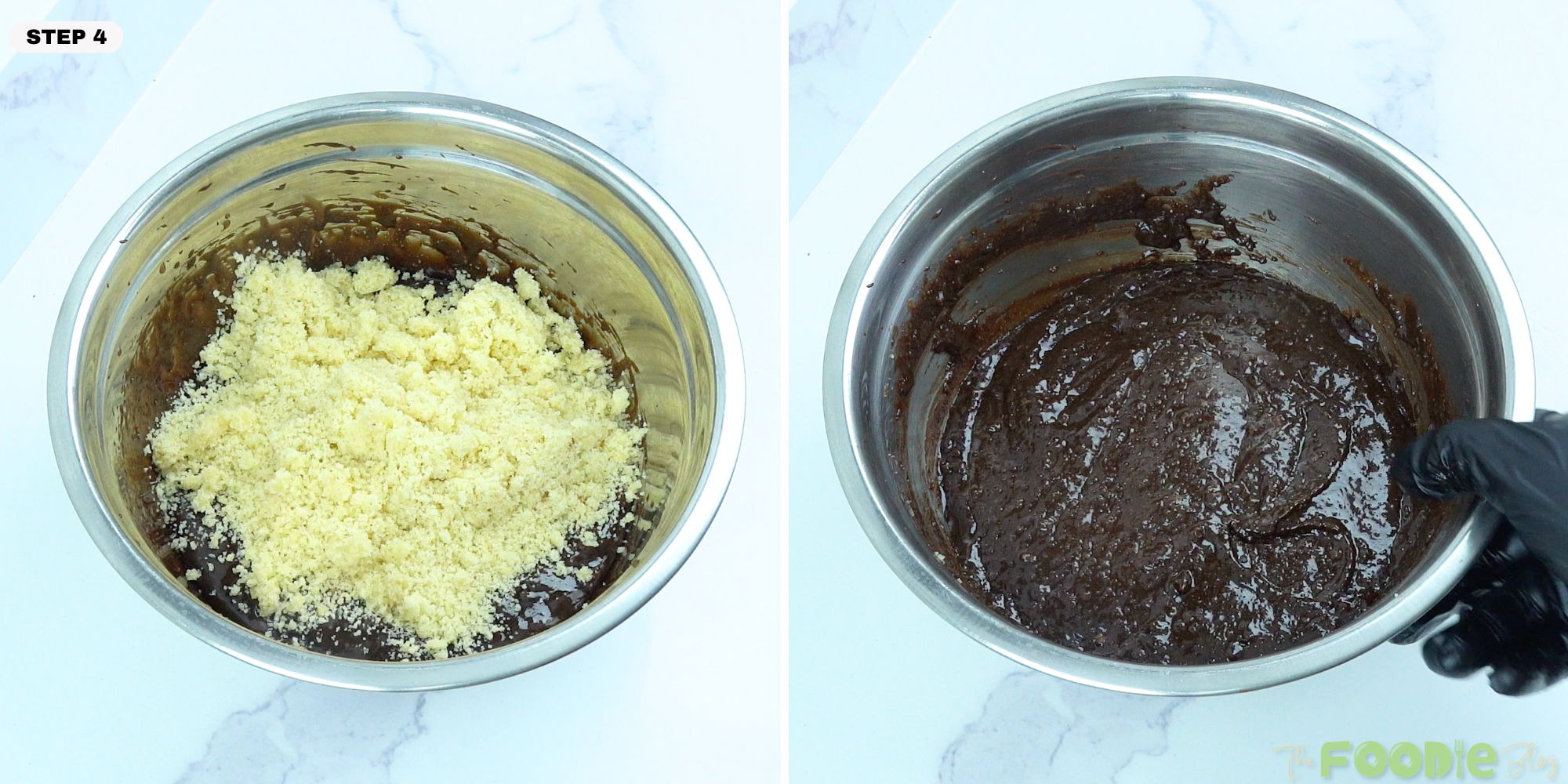 Ground almonds added to chocolate batter and stirred in