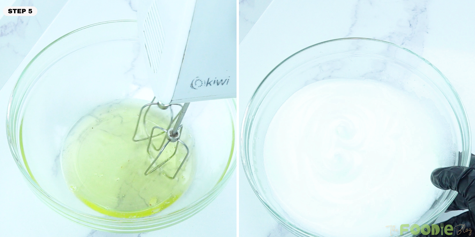 Egg whites being whipped until foamy and glossy in a bowl