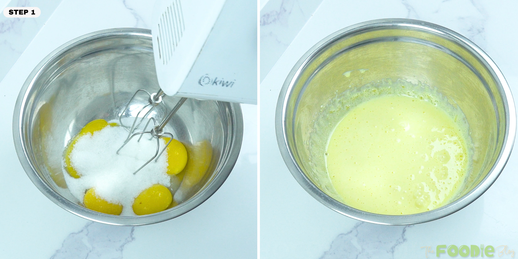 Egg yolks and sugar being mixed in a bowl until pale
